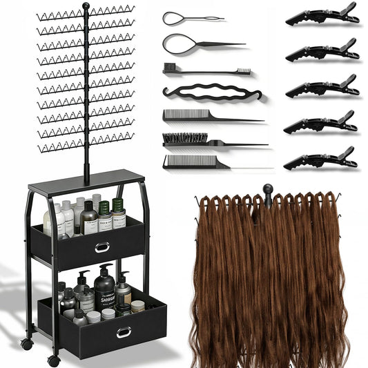 XINTUO Portable Braiding Hair Rack with Wheels & Storage Drawers,280 Pegs Hair Extension Holder Hanger for Braiding Hair Separator Stand Display,Hair Rack with Stylist Hair braiding Tools(Black)