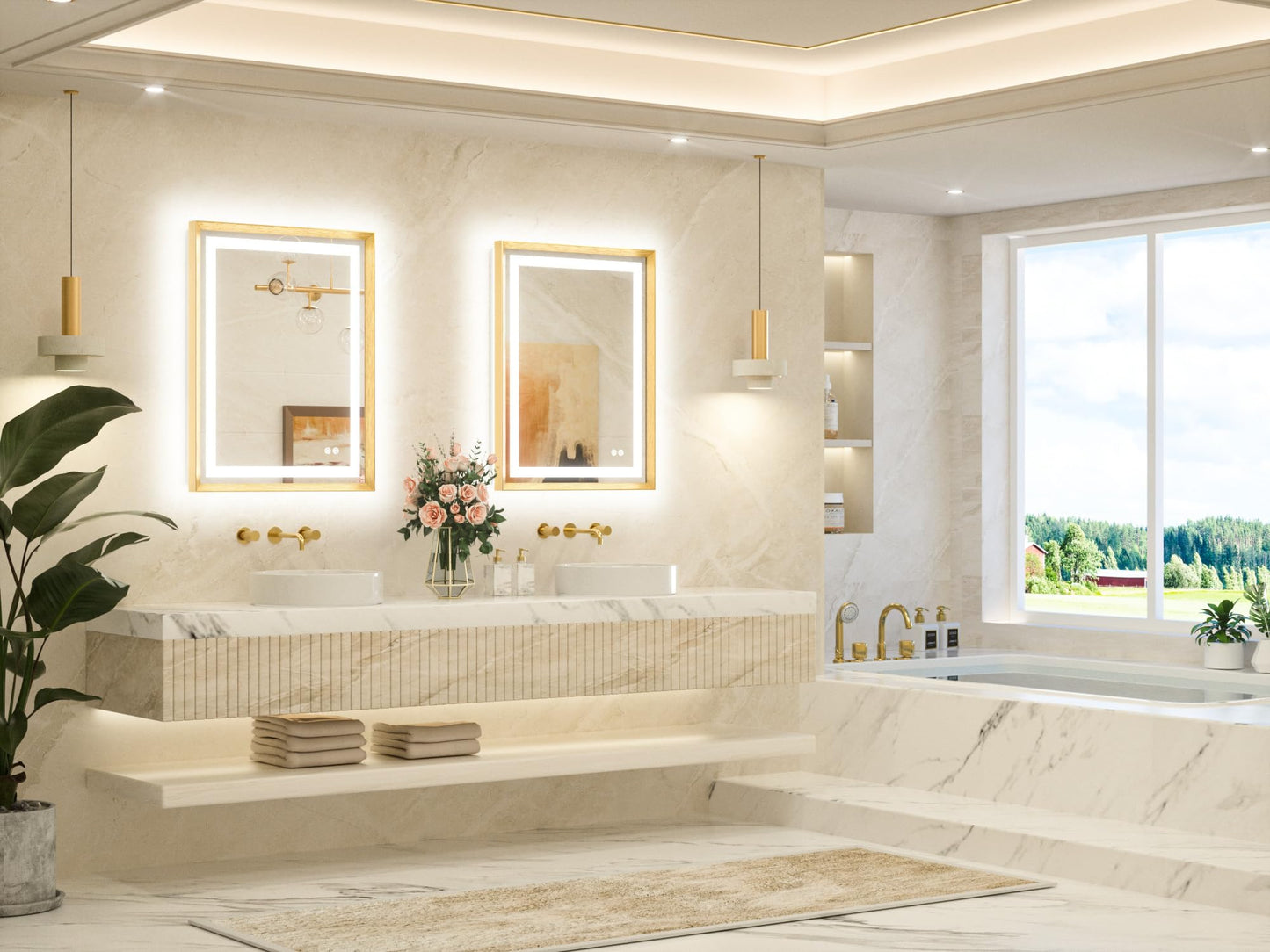 TETOTE 24 x 32 Bathroom LED Mirror Brushed Gold Metal Frame Frontlit & Backlit Vanity Mirror Anti-Fog Stepless Dimmable 3 Colors White/Warm/Natural Mirror with Lights Wall-Mounted