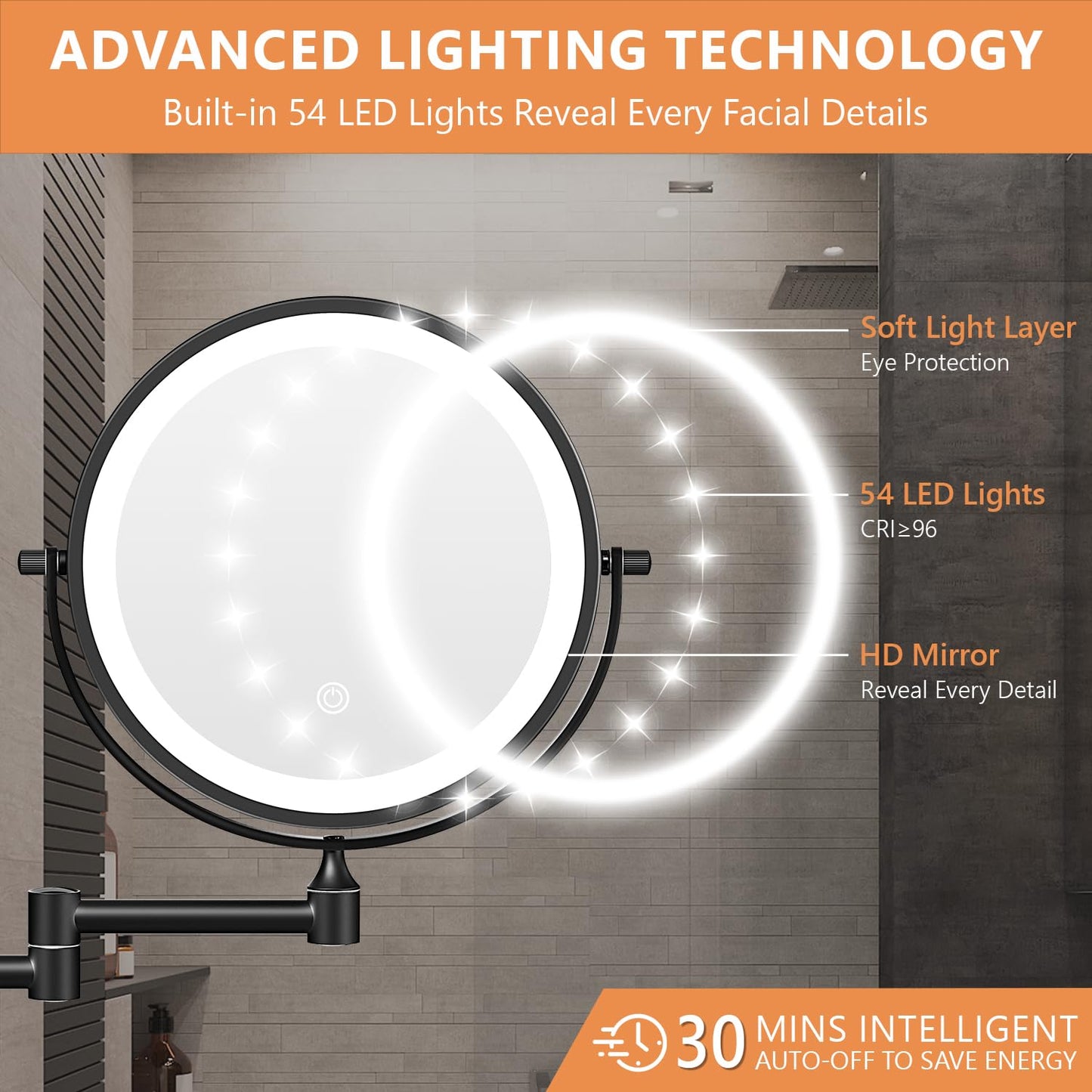 Auxmir 1X/30X Wall Mounted Lighted Makeup Mirror, 8" Rechargeable Double-Sided Magnifying Mirror with Light, Touch Dimmable 3 Color Light, 360° Rotation Foldable Extended Arm, Black