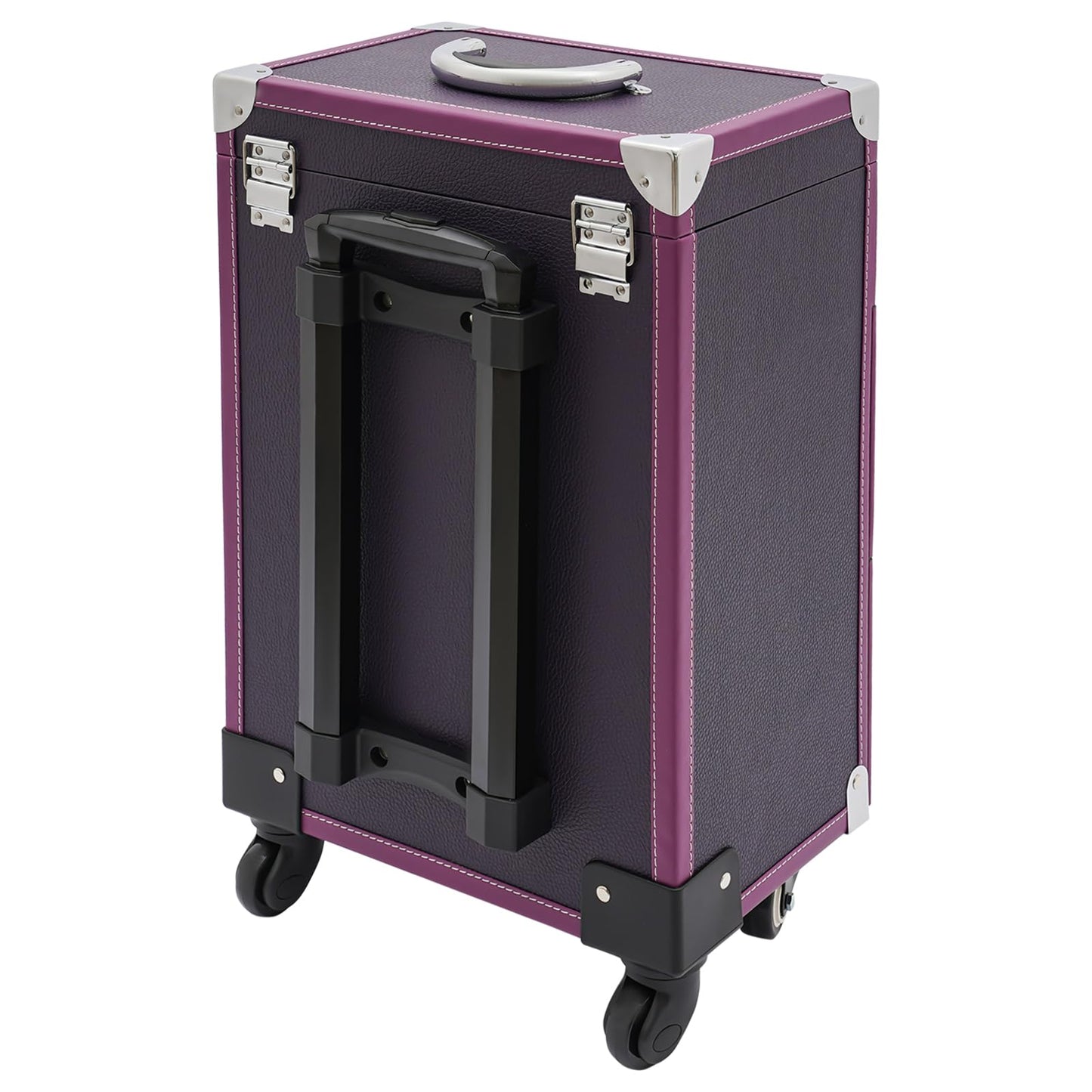 FLYHERO Professional Makeup Trolley Case, Rolling Makeup Nail Case Makeup Train Case with 4 Wheels Jewelry Travel Cosmetic Organizer Makeups Train Suitcase for Outdoor, Travel (Silver+Purple)