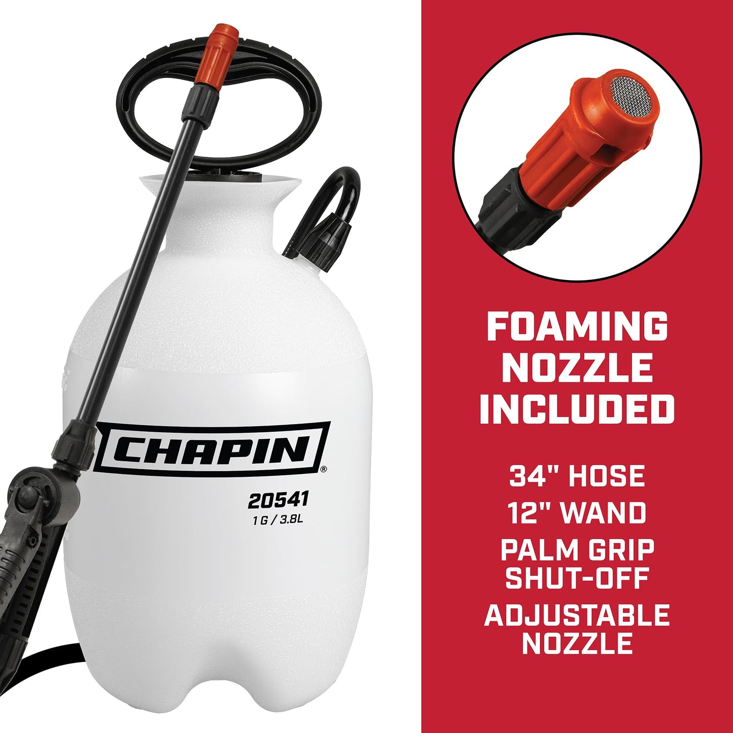 Chapin 20541 Pump Sprayer, 1‑Gallon, Foaming, Lawn & Garden, Translucent Poly Tank, Adjustable Nozzles, Anti‑Clog Filter, 12" Wand & 34" Reinforced Hose for Weed, Pest & Fertilizer Applications