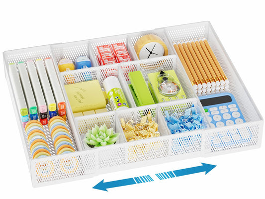 Marbrasse Expandable Desk Drawer Organizer, Mesh Drawer Organizer Tray with 10 Adjustable Compartments, Desk Organizers and Accessories, 5 Dividers Drawer for Office Supplies, Makeup & Vanity (White)