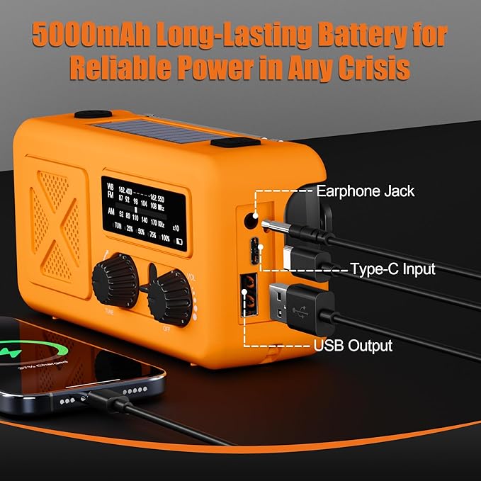 Emergency Radio Hand Crank Solar, 5000mAh/18500mWh Emergency Weather Radio, Solar Crank Radios with NOAA/AM/FM, Rechargeable Headlight, Thermal Blanket, Paracord Bracele, for Outdoor & Home