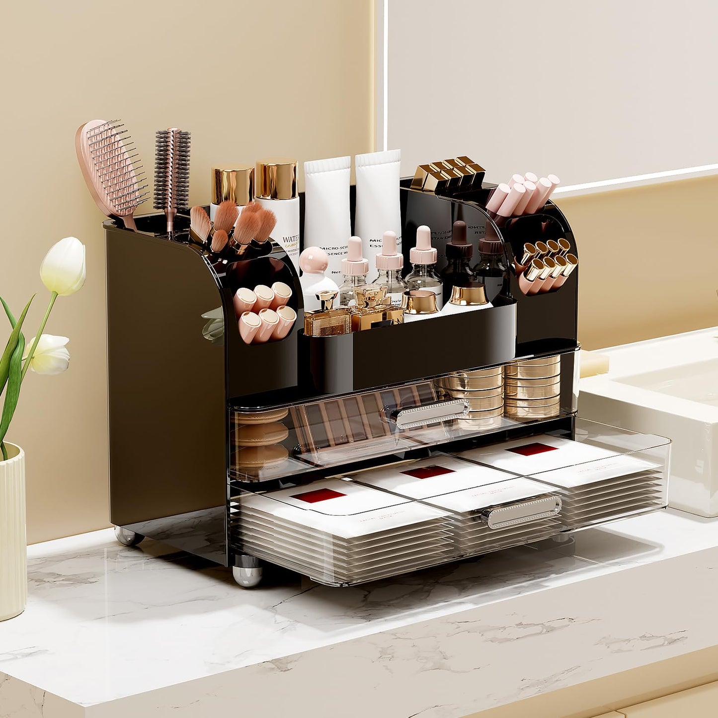 UFORU Makeup Organizer for Vanity with 2 Large Drawers, Cosmetic Display Case with Brush Holders, Easy to Storage for Bathroom Countertop Skincare, Perfume, Black