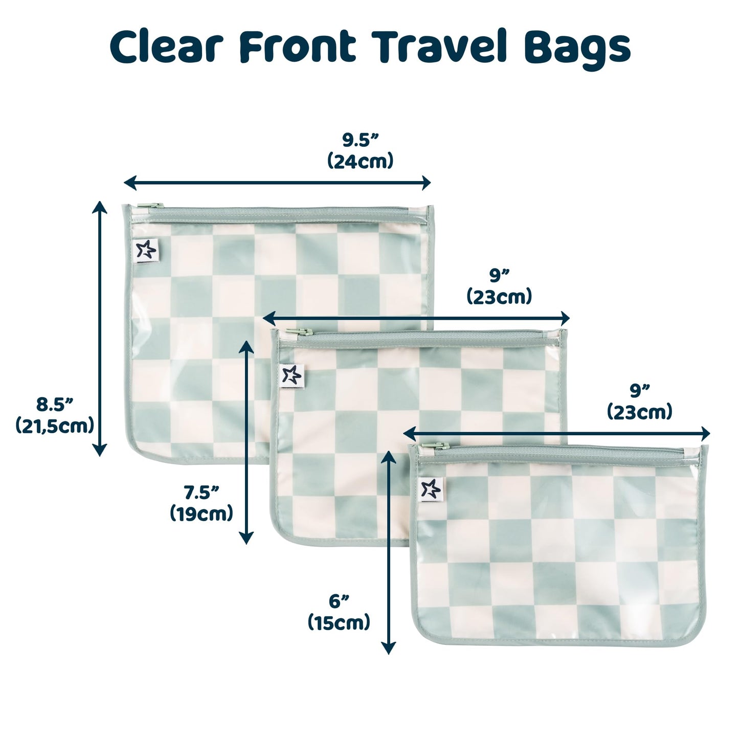 Tiny Twinkle Diaper Bag Organizing Pouches | 3 Pack Mess-Proof Clear Front Travel Organizer Bags & TSA Approved Toiletry Bag Set for Baby and Mom Essentials (Sage Checkers)