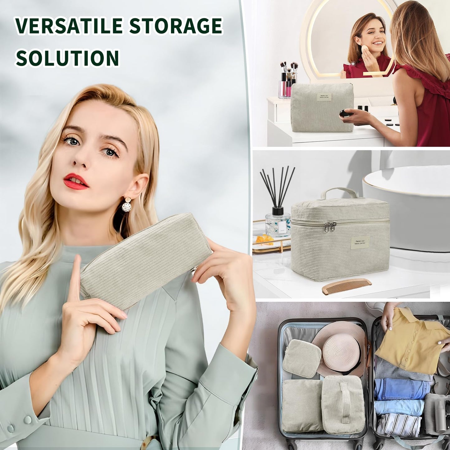 LVWNM 4 Pcs Makeup Bag for Women Corduroy Cosmetic Bag Aesthetic Cute Bags Multi Size Purse Pouch Travel Toiletry Bag Set Makeup Organizer with Zipper(Beige)