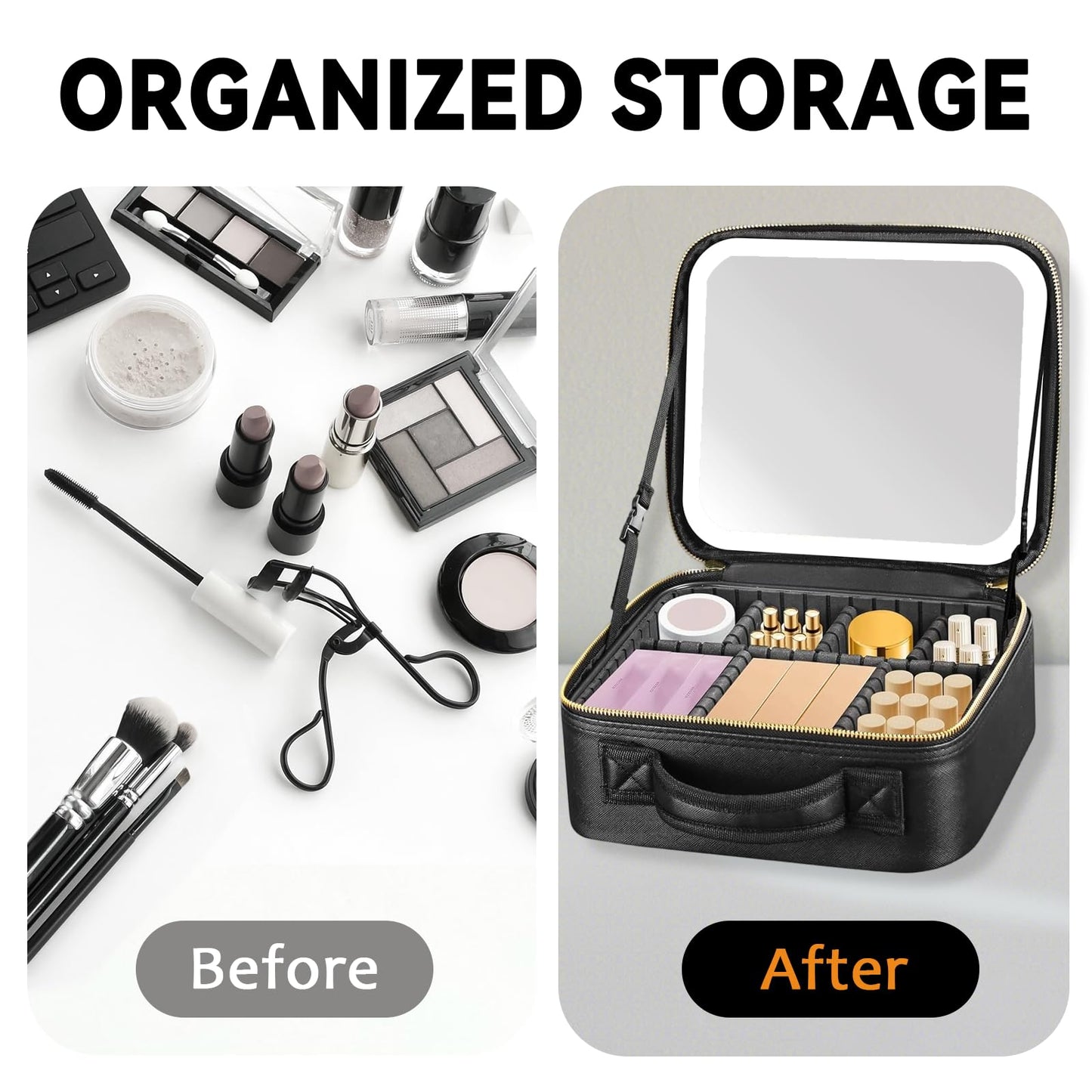 MELSYLODY Makeup Bag with LED Mirror, Three-level Adjustable Brightness, Travel Makeup Case with Removable Lighted Mirror, Adjustable Dividers and Brush Storage Board