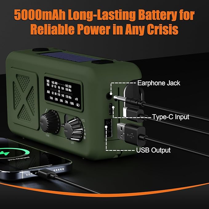 Emergency Radio Hand Crank Solar, 5000mAh/18500mWh Emergency Weather Radio, Solar Crank Radios with NOAA/AM/FM, Rechargeable Headlight, Thermal Blanket, Paracord Bracele, for Outdoor & Home