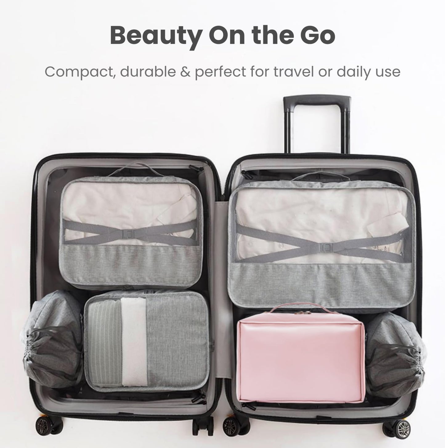Travel Makeup Bag, Large Capacity Cosmetic Organizer Bag for Women, 180° Flat Open Makeup Case with Compartments, Waterproof PU Leather Toiletry Bag for Skincare, Brushes & Beauty Travel Essentials