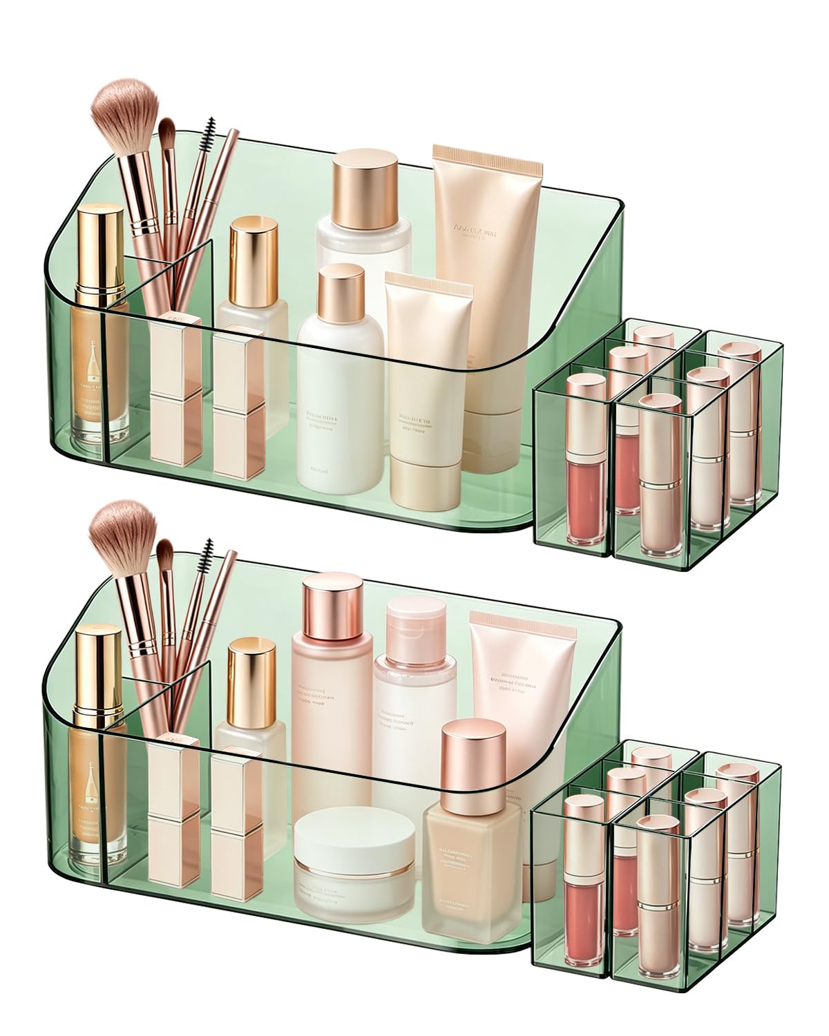 SUNFICON 2 Pack Makeup Trays Organizers Holders Cosmetic Display Cases Tabletop Desktop Vanity Countertop Bathroom Wall Cabinet Medicine Storage Boxes for Womens Ladies Girls Crystal Green