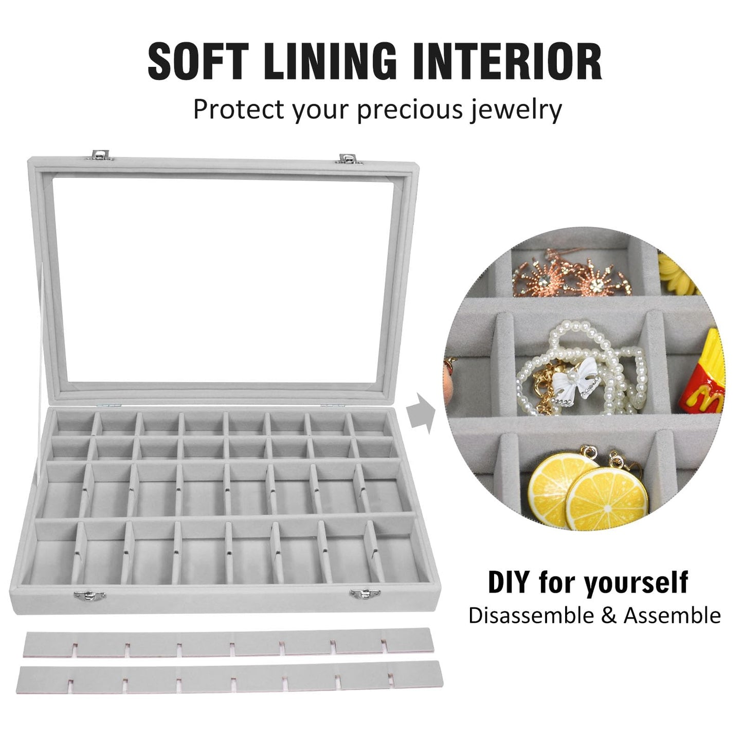 Vicoter Velvet Jewelry Tray 48 Compartments Jewelry Display Organizer with Transparent Cover Rings, Earrings, Necklaces, Pendants Storage Box for Girls, Wives, Mothers, Women