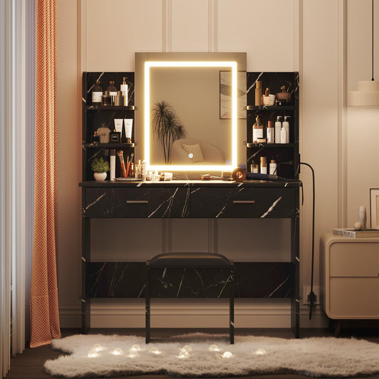 CABIHOME Vanity Desk with Lighted Mirror, Makeup Table with Power Outlet & 2 Storage Drawers, Adjustable Brightness with 3 Color Lighting Modes, Cushioned Stool, Dressing Table, Bedroom, Marble Black