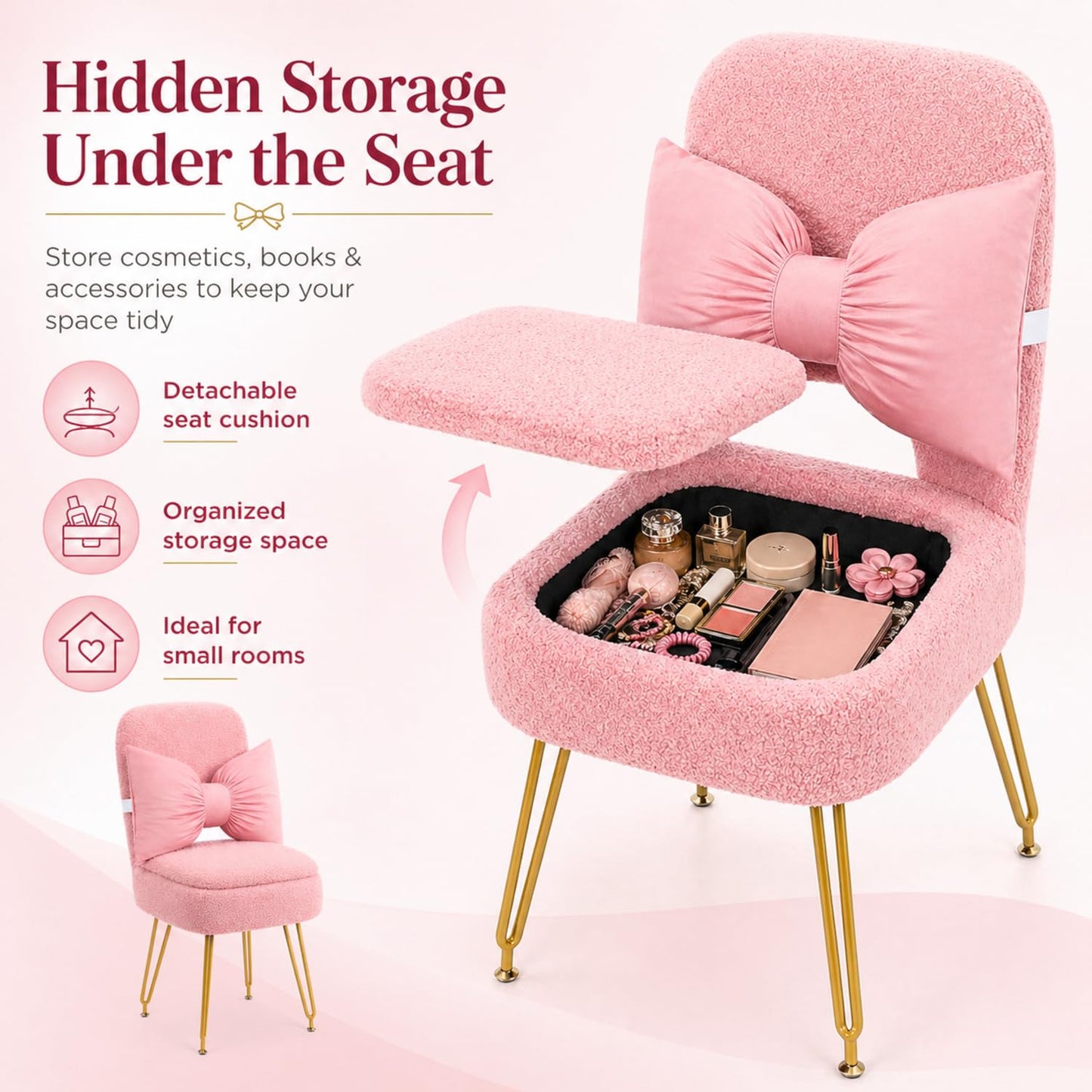 Novabright Small Vanity Stool Chair with Storage and Back Faux Fur Soft Ottoman Pink Bow Makeup Vanity Chair 13" x 14" x 30" Cute Small 4 Metal Leg for Makeup Bedroom Living Room Dressing Room