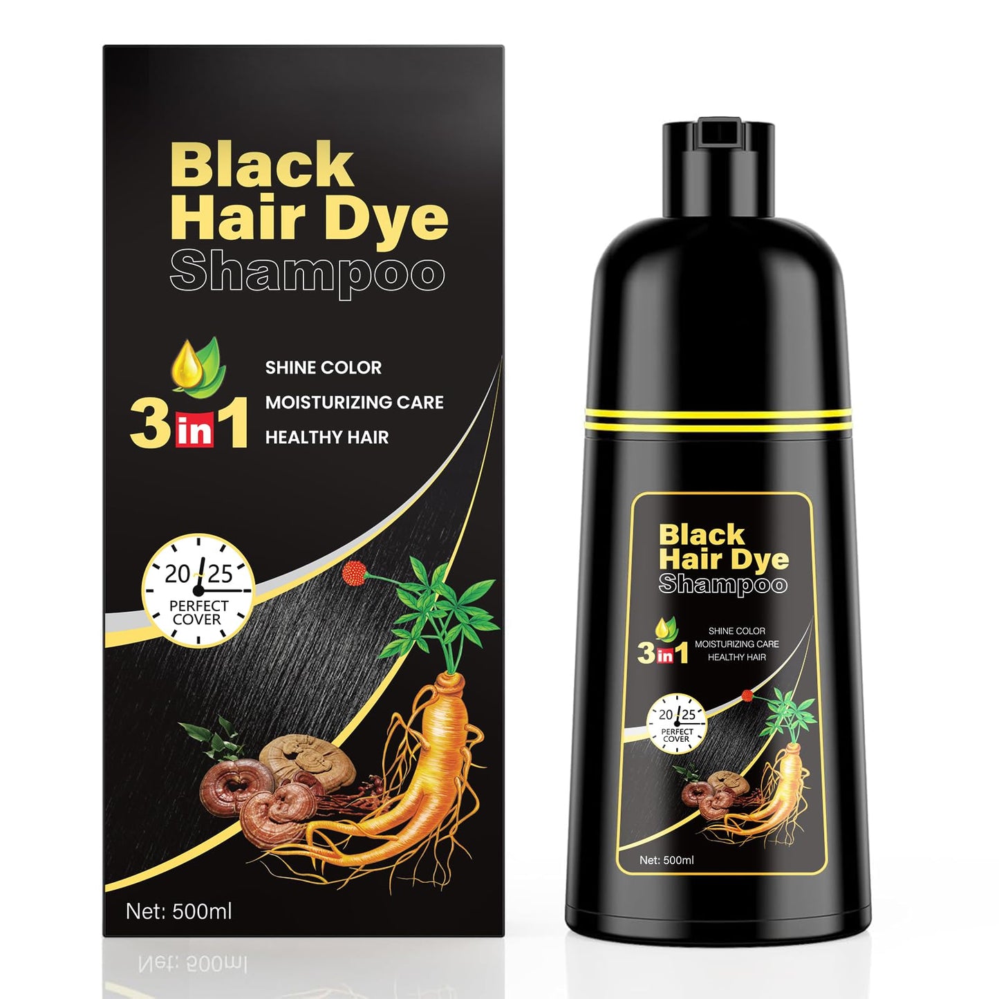 KINGMING Black Hair Dye Shampoo 3 in 1 for Gray Hair, Hair Color Shampoo for Women Men Grey Hair Coverage, Herbal Ingredients Champu Con Tinte Para Canas 500ml (Black).