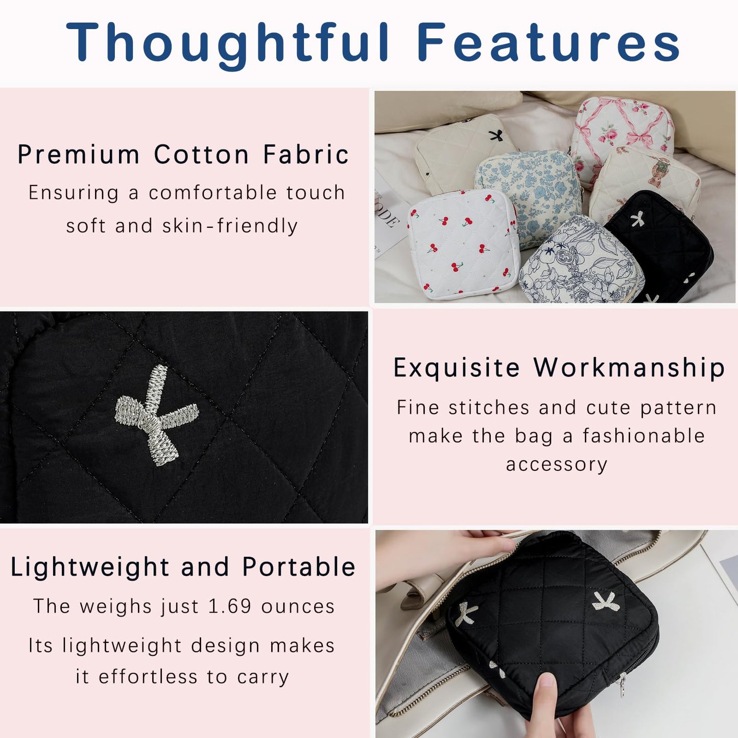 Small Quilted Cotton Makeup Bag for Purse, Cosmetic Bag with Compartments, Cotton Aesthetic Makeup Bag, Travel Toiletry Pouch, Key Pocket Lipstick Bag Card Holder Data Cable Organizer（05Black Bow）