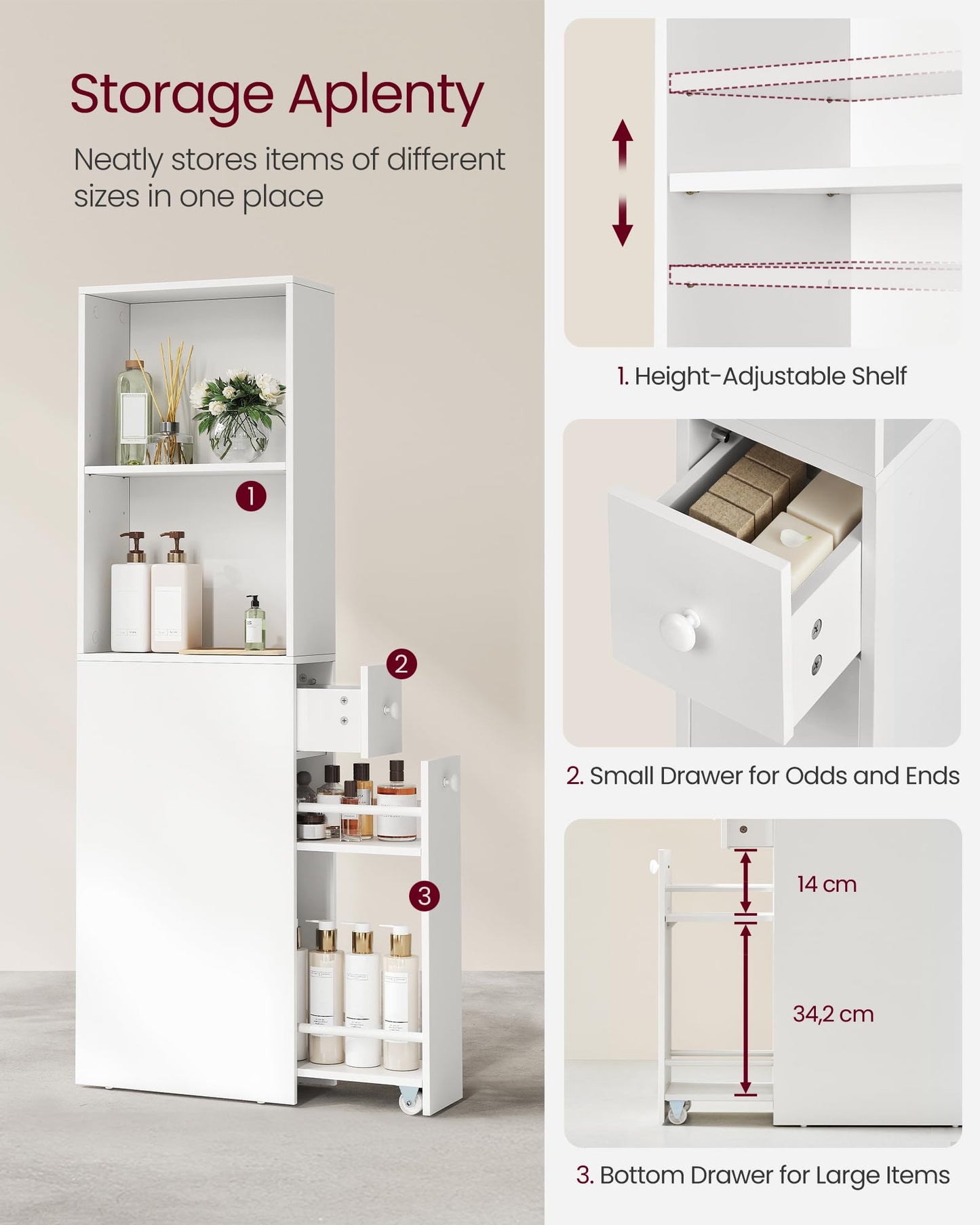 VASAGLE Slim Bathroom Storage Cabinet, Narrow Freestanding Cabinet with Storage Drawers and Adjustable Shelf, for Small Spaces, Modern Style, Cloud White UBBK567T14S