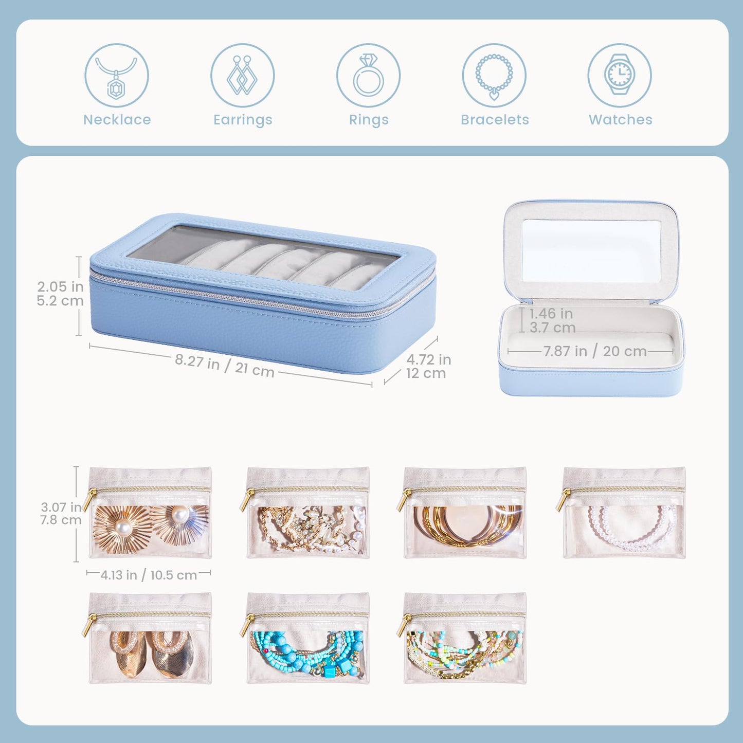 Lolalet 8 in 1 Travel Jewelry Case with Velvet Pouches, Clear Window Travel Jewelry Organizer Bags for Earrings, Bracelets, Necklaces and Rings, Compact Jewelry Storage for Women Girls -Blue, 7PCS