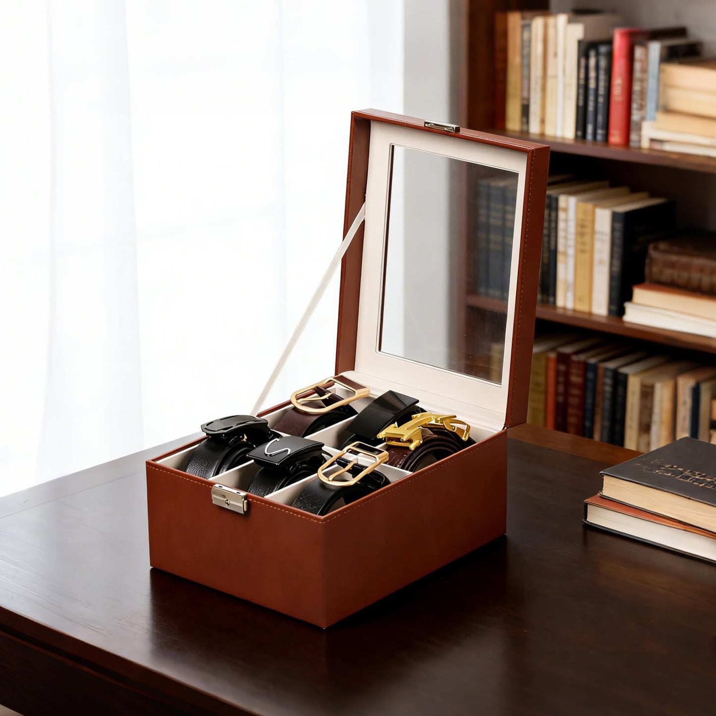 AUTOARK PU Leather Belt Organizer with 6 Compartments & Transparent Glass Top,Compact Storage for Belts,Ties,and Accessories,Perfect for Men,Women,and Home Organization,Brown,MKAW242