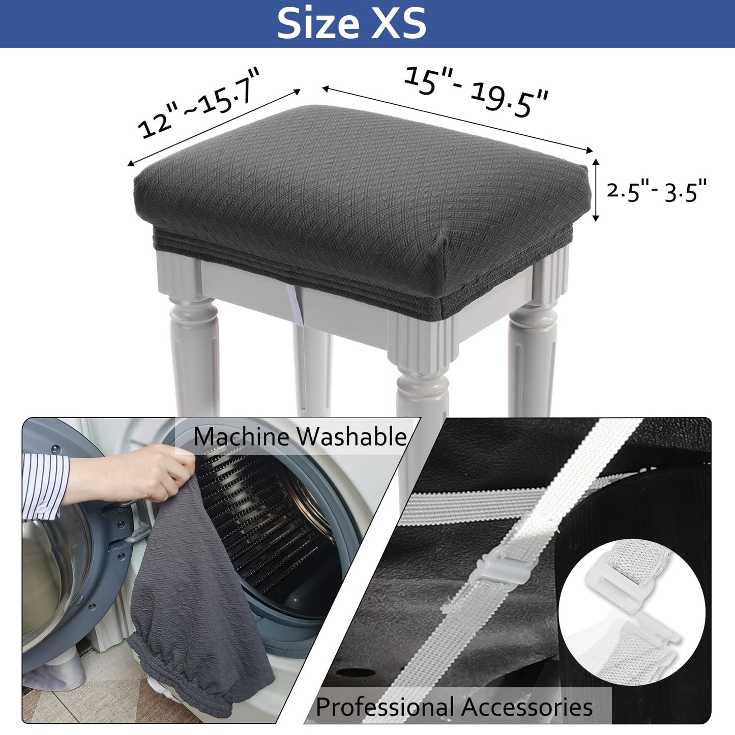 BUYUE Luxury Vanity Bench Stool Cover, (15"- 20") L x (11.8"- 15.7") W Rectangle Small Bench Stretch Jacquard Washable Slipcover (XS, Grey)