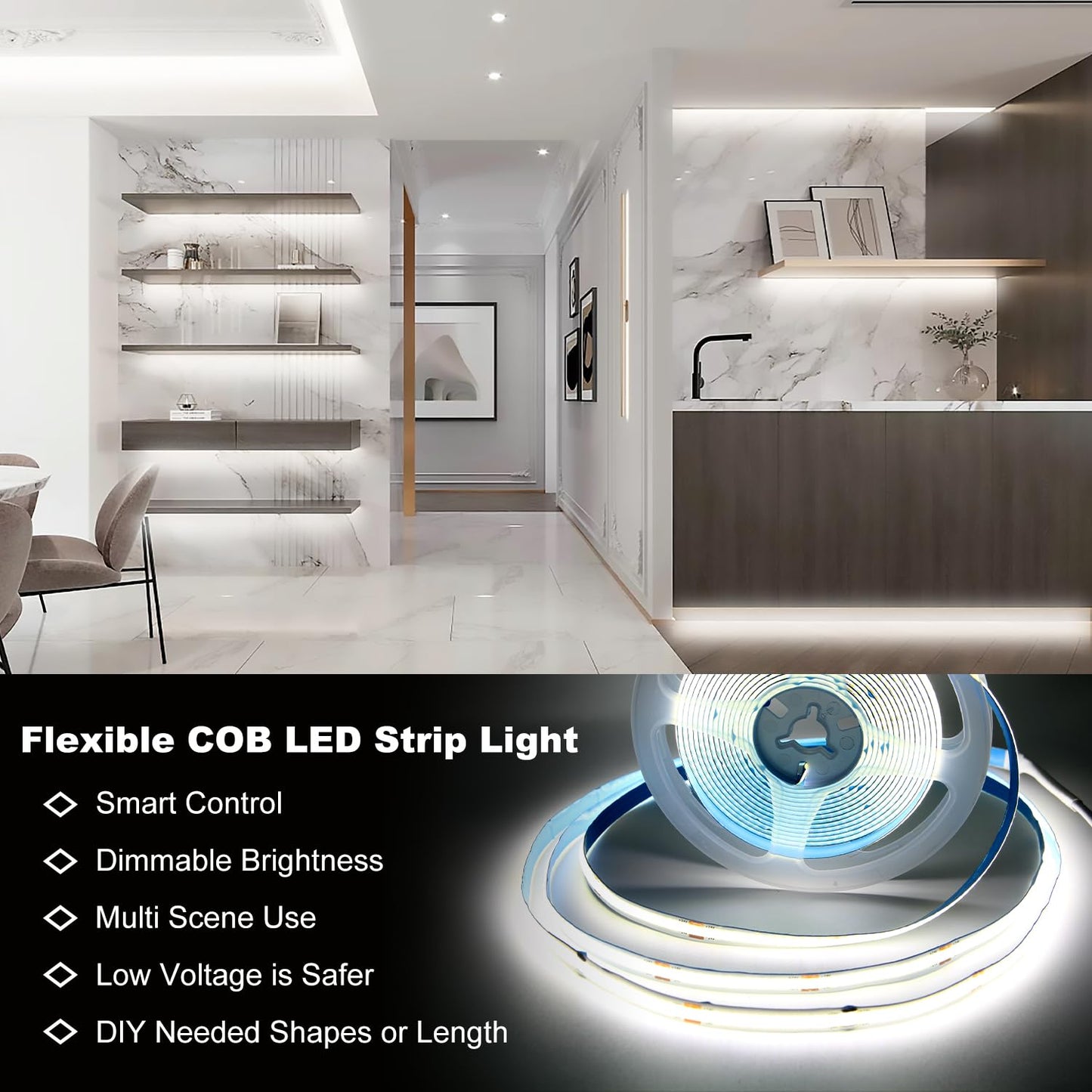 DAYBETTER COB LED Strip Light,LED Lights for Bedroom 16.4ft,Daylight White 6500K Dotless LED Light Strip,1600 LEDs Super Bright Dimmable 24V Flexible Tape Lights with Remote,Kitchen,Cabinets Lighting