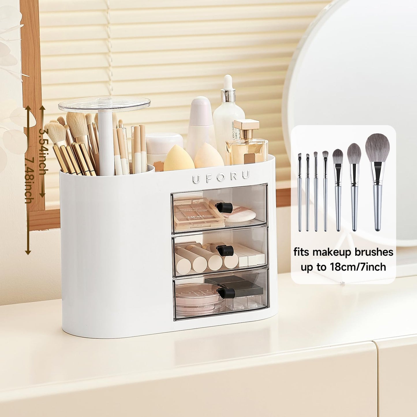 UFORU Makeup Organizer with Pop-Up Brush Holder for Dresser Vanity, Plastic Bathroom Counter Organizer with 3 Drawers & Dust-Proof Cover, Cosmetic Display Case for Lipstick, Skincare, White