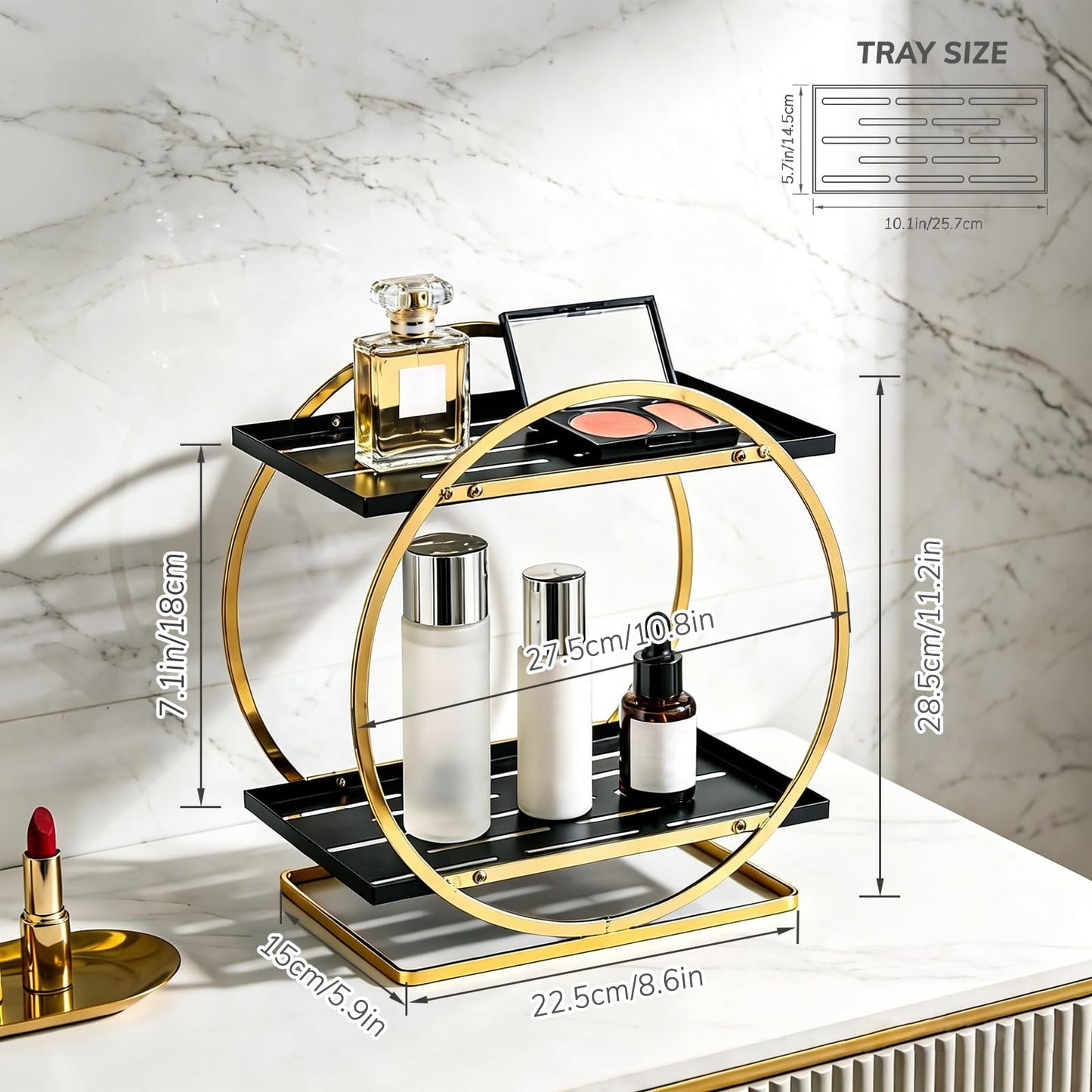 Nexyetnov BO2701 2 Tier Bathroom Organizer, Perfume Organizer for Dresser, Black Gold
