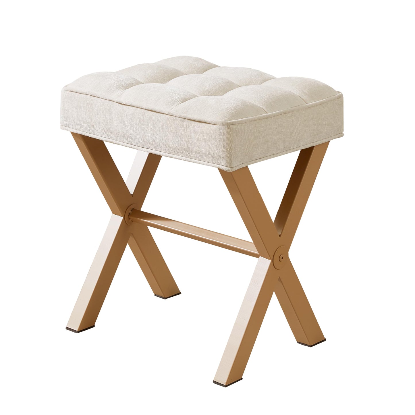 Royal Windsor Vanity Stool,Square Ottoman Stool Foot Rest,Upholstered Vanity Chair Foot Stool with Metal X Legs, Small Vanity Seat for Entryway,Bedroom and Living Room,Linen Beige