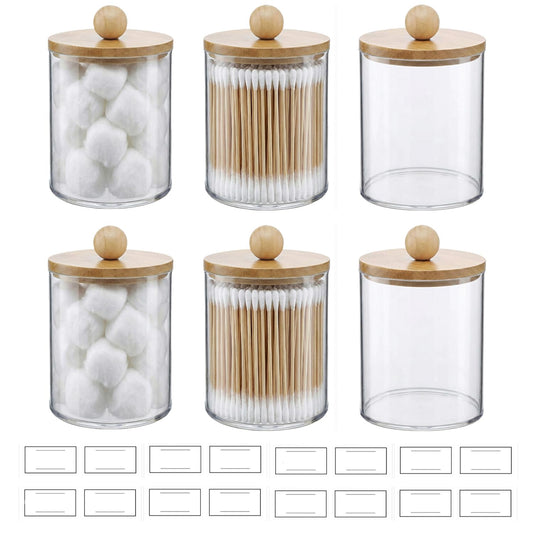 novelinks Acrylic Plastic Qtip Holder Dispenser, Apothecary Jar Canister Set with Lids for Cotton Swabs, Balls, Round Pads & Floss Picks - Bathroom Vanity Makeup Organizer (Beige, 6 Pack)