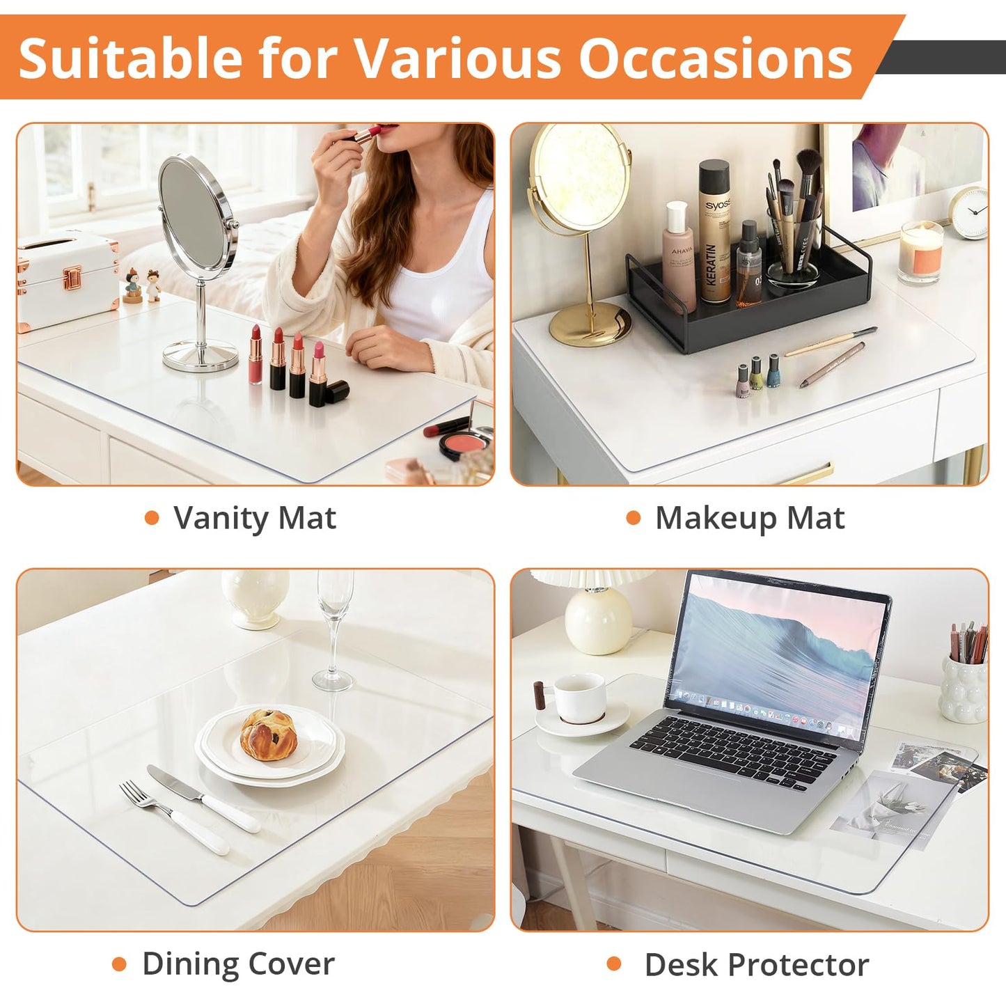 LovePads Clear Makeup Mat for Vanity, 14 x 24 Dual-Sided Desk Pad & Vanity Cover Top, Waterproof PVC Protector Mat for Dresser, Nail Art, Craft Table