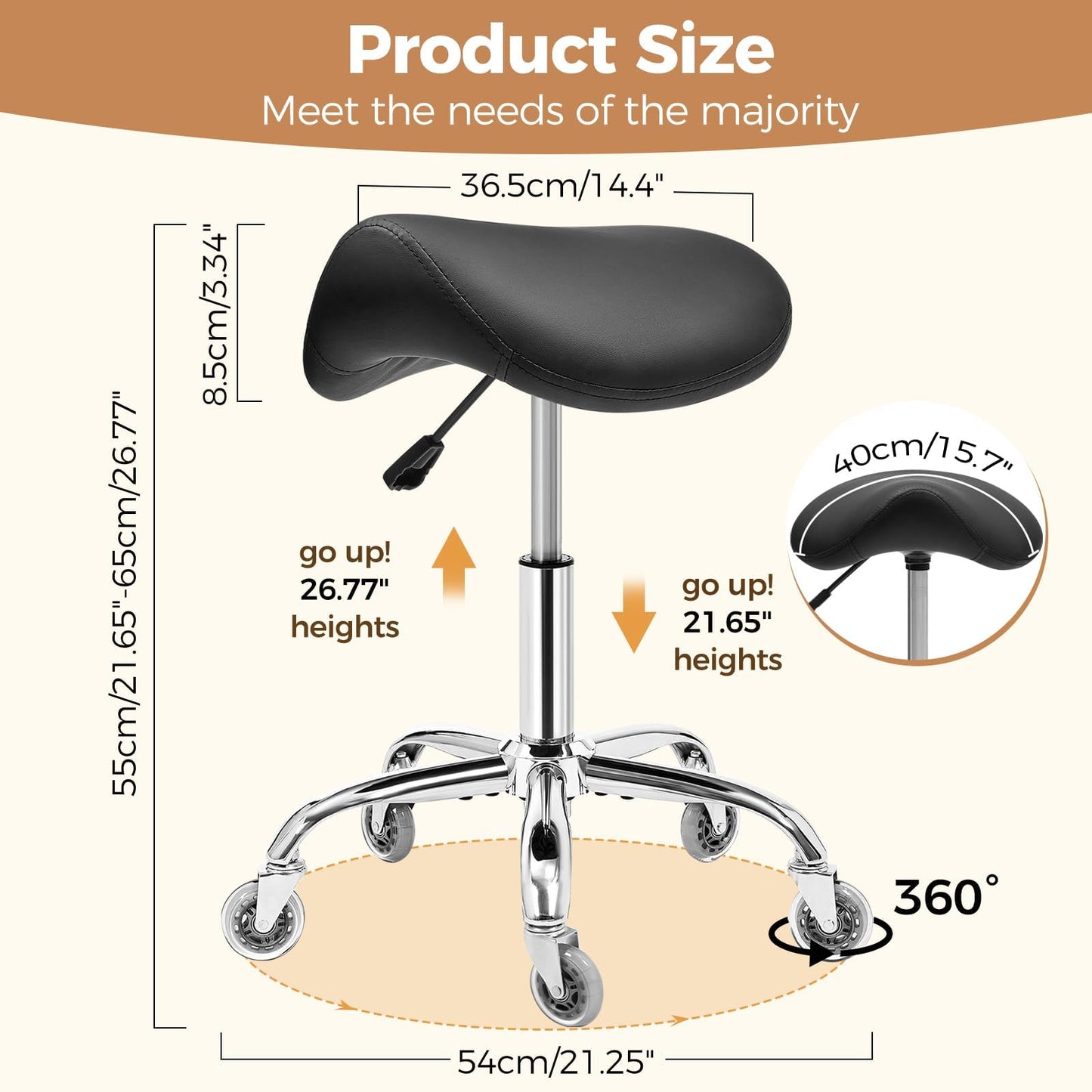 BEWISHOME Ergonomic Saddle Stool, Height-Adjustable Rolling 360° Swivel Saddle Chair with Thickened Saddle Seat Padding, Saddle Stool with Wheels for Salons, Spas, Office, Black BMD02B
