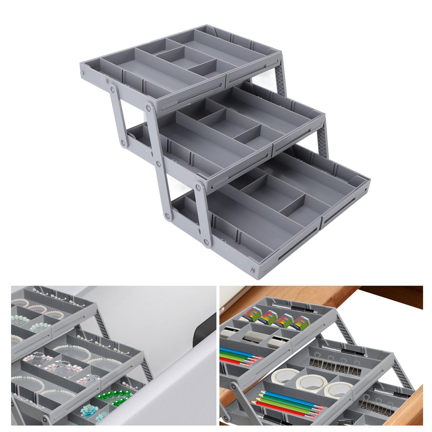 Drawer Organizer, Expandable Foldable Versatile Bathroom and Vanity Desk Drawer Organizer Trays, Plastic Storage for Makeup, Bedroom, Jewelry, Kitchen Utensils and Office (3