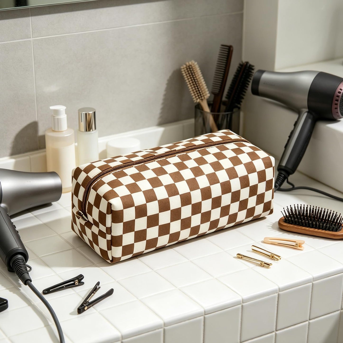 idoltimes Hair Tools Travel Bag, Checkered Hair Tools Organizer Compatible with Dyson Airwrap Styler