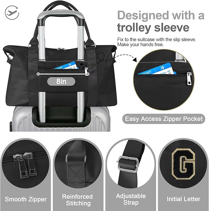 Dance Gym Duffel Bag for Teen Girls, Personalized Initial Travel Weekender Bag,Cute Overnight Carry On Duffle for Women,Sports Travel Cheer Bag,Monogram Christmas Gifts for Tween Preppy(black-G)