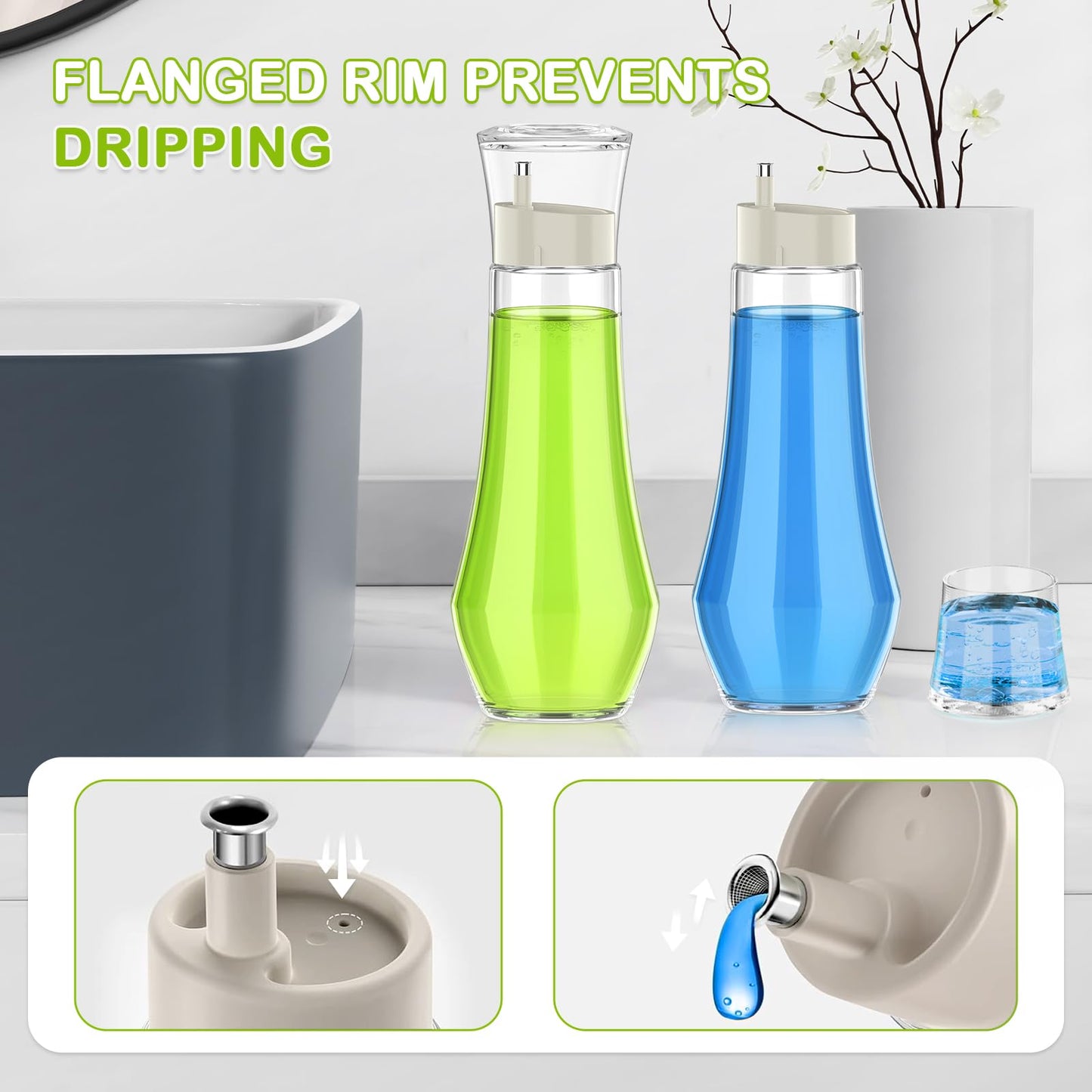 BTIFU Glass Mouthwash Dispenser for Bathroom, 8.8oz Refillable Mouth Wash Container Bottle with Lid Cup, Small Clear Mouthwash Dispensers Decanter for Countertop, Set of 2