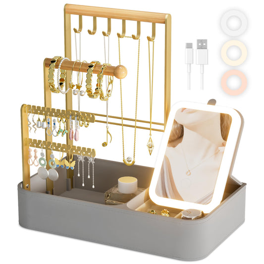Cinola Vanity Mirror with Lights & 4 Tiers Jewelry Holder Organizer, Jewelry Display Stand for Bracelet, Necklace, Earrings, Rings, 1000mAh 3-Color Lighting Makeup Mirror, Light Gray