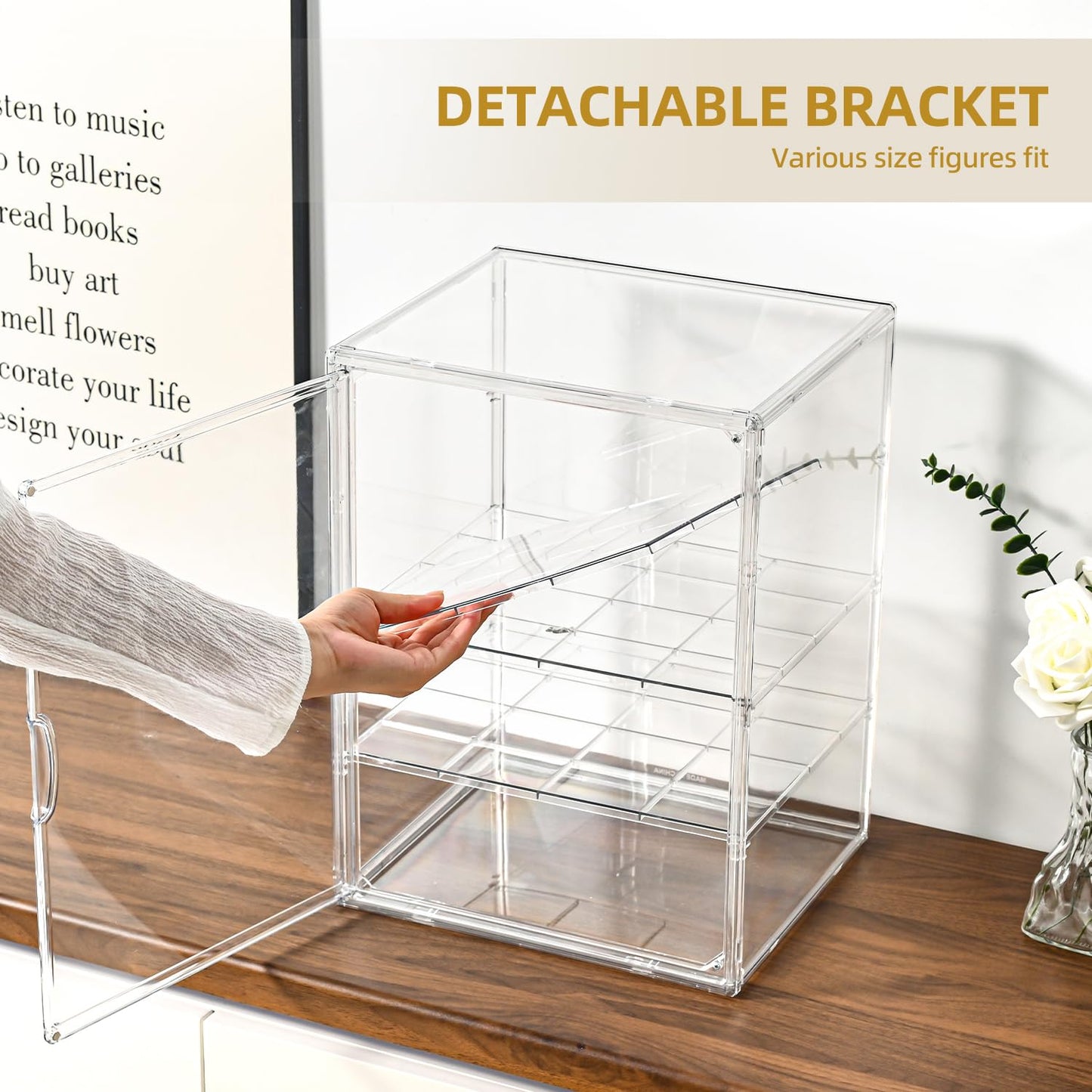 4 Tier Display Case for Collectibles,Clear Display Box with 3 Movable Plates ,Storage Container with Magnetic Door
