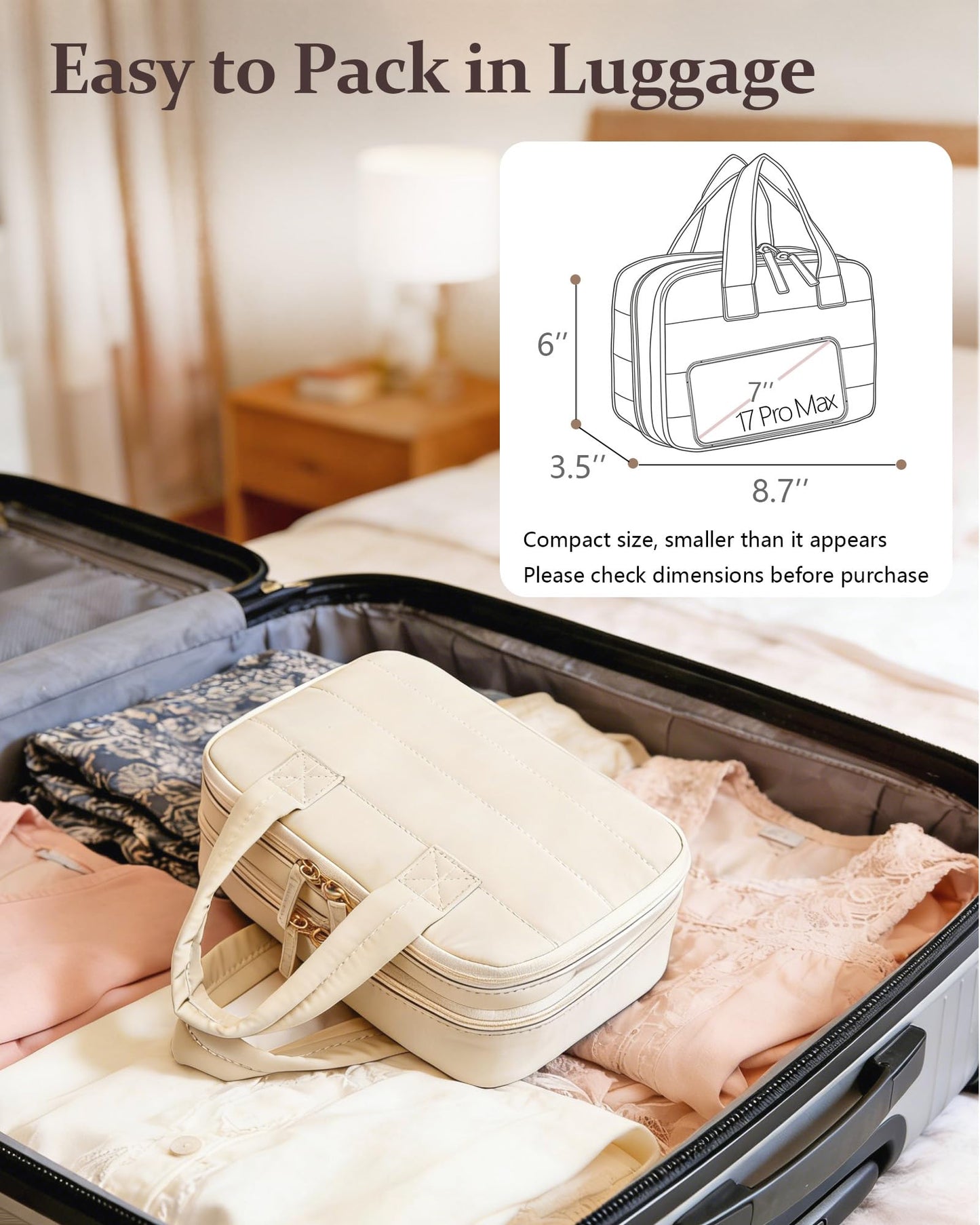 XIAOLER Small Makeup Bag, Travel Cosmetic bag, Toiletry Bag For Women, Make up Bag With Brush Storage, Hanging Toiletry Bag, Puffy Padded Makeup Organizer Case, Wide-open Travel Essentials (Beige)