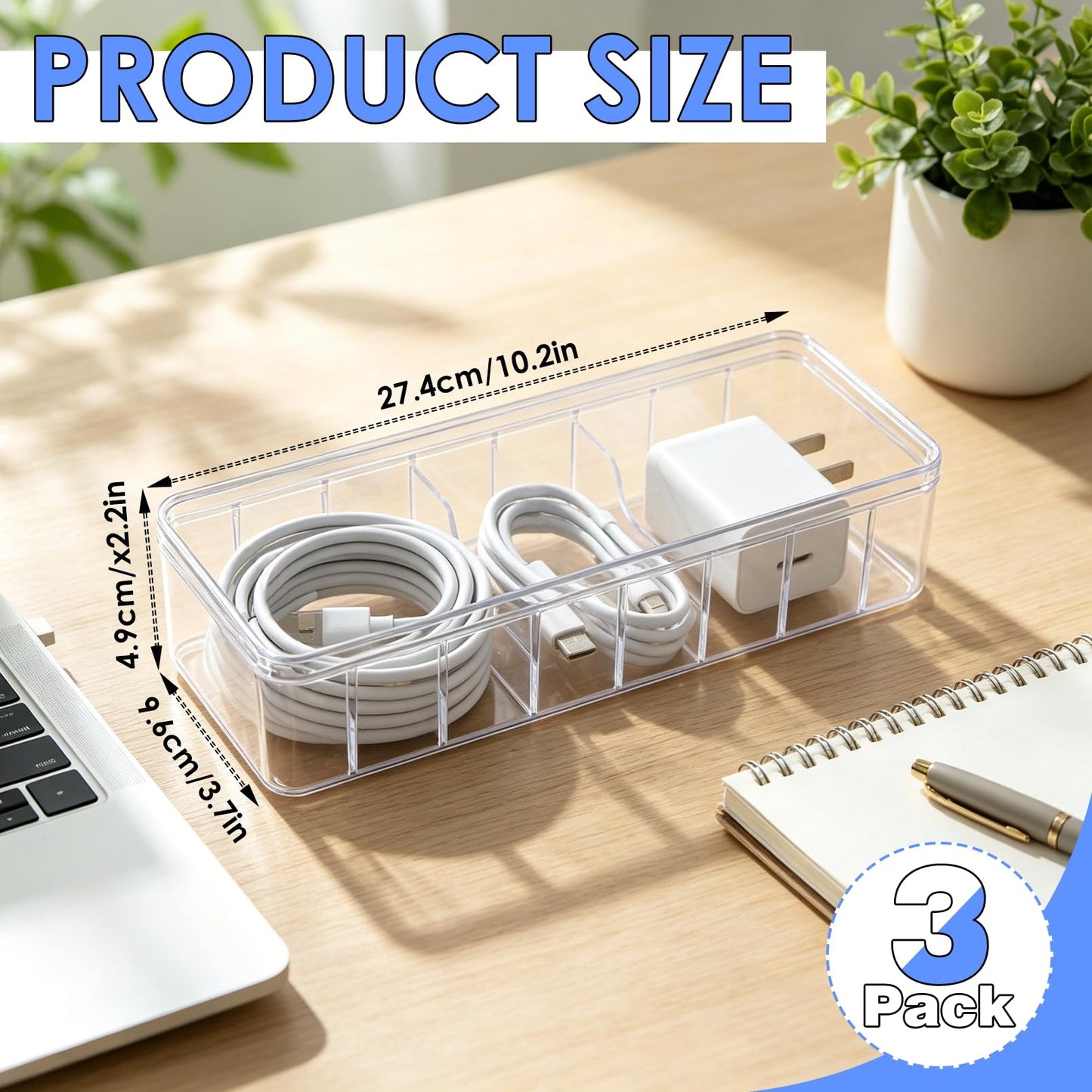 Dyrfolm 3 Pcs Cable Organizer Box with Lid,Clear Plastic Cord Storage Box with 8 Compartments and 21 Wire Ties, Electronics Organizer for Home Office Drawer Desk Accessories