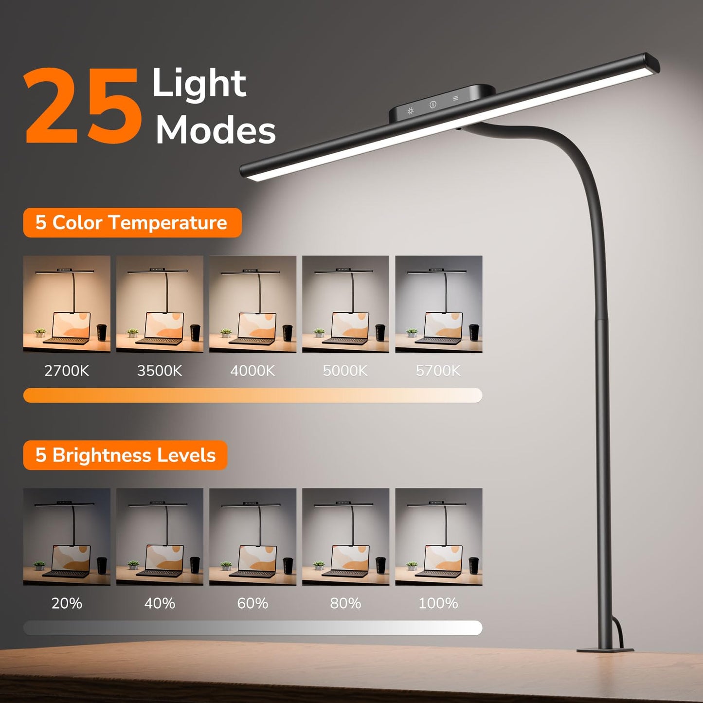 Lepro Led Desk Lamp for Home Office, Metal Architect Lamp with Clamp, 11W 650LM Eye-Caring Task Light, 25 Lighting Modes, Flexible Gooseneck for Monitor, Workbench, Drafting, Crafts, Reading, Black