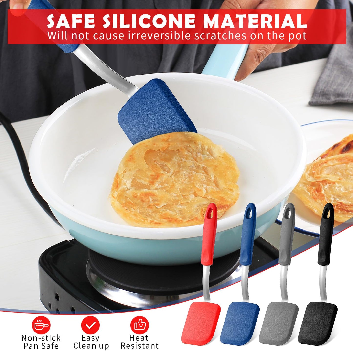 4 Pcs Silicone Cookie Spatula Turner Mini Brownie Spatula Flexible Silicone Spatulas Nonstick Cookware Heat Resistant No Scratch Flipper Baking Utensils for Egg Pancake (Gray, Blue, Black, Red)