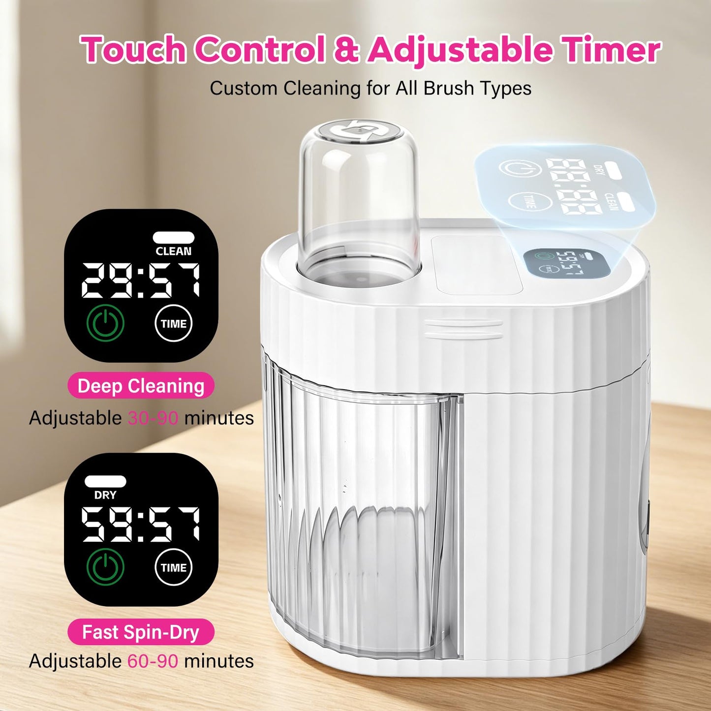 Electric Makeup Brush Cleaner Machine, 3-IN-1 Automatic Cleaning & Fast Drying, 1200RPM High-speed Spinning, Adjustable Timer, LED Display, 7 Slots for All Brush Sizes, USB Powered, Pure White