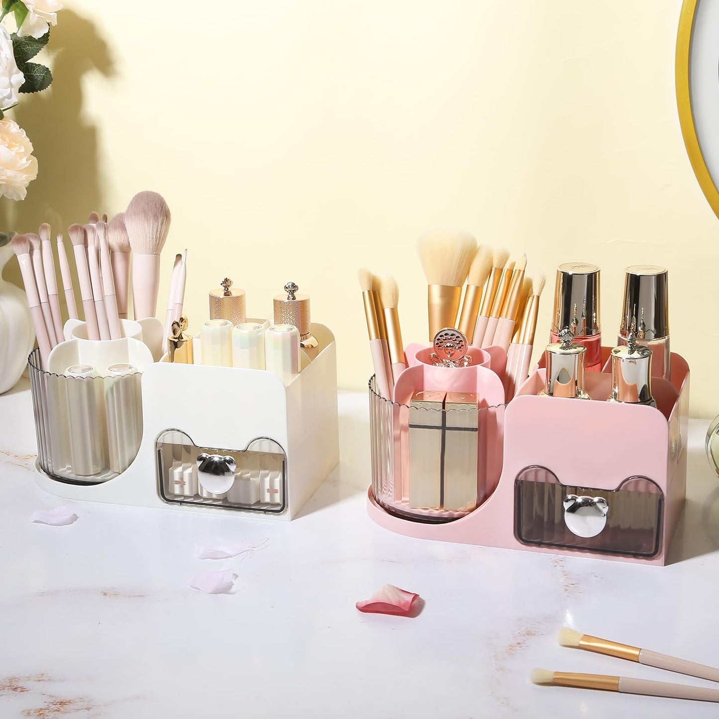 DASITON Makeup Organizer with Drawer, 360° Rotating Makeup Brush Holder, Makeup and Skincare Storage Box, Make Up Organizers for Vantiy, Desktop, Bathroom Countertop, Cosmetic Display Case (White)