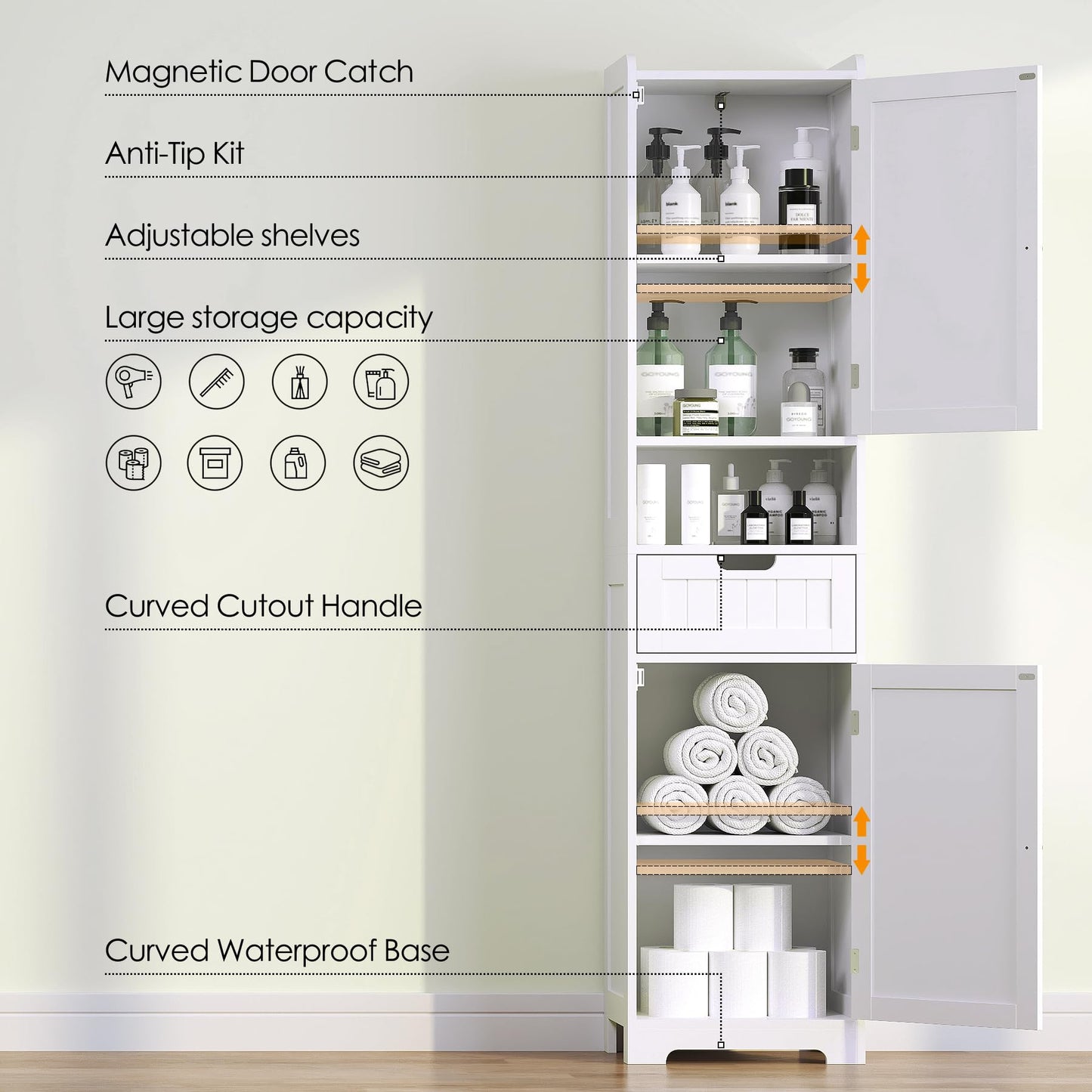 TidyHaven 67" H Tall Bathroom Storage Cabinet, Slim Narrow Organizer with Adjustable Shelves, 2 Doors & 1 Drawer, Freestanding Floor Cabinet for Bathroom, Kitchen, Living Room (White)