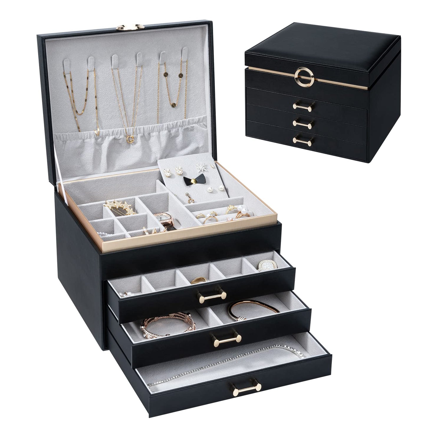 V-LAFUY Jewelry Boxes for Women, Large Jewelry Storage Boxes, 4-Layer Leather Jewelry Organizer with 3 Drawers, Jewelry Display Case Gift for Women Girls, Black