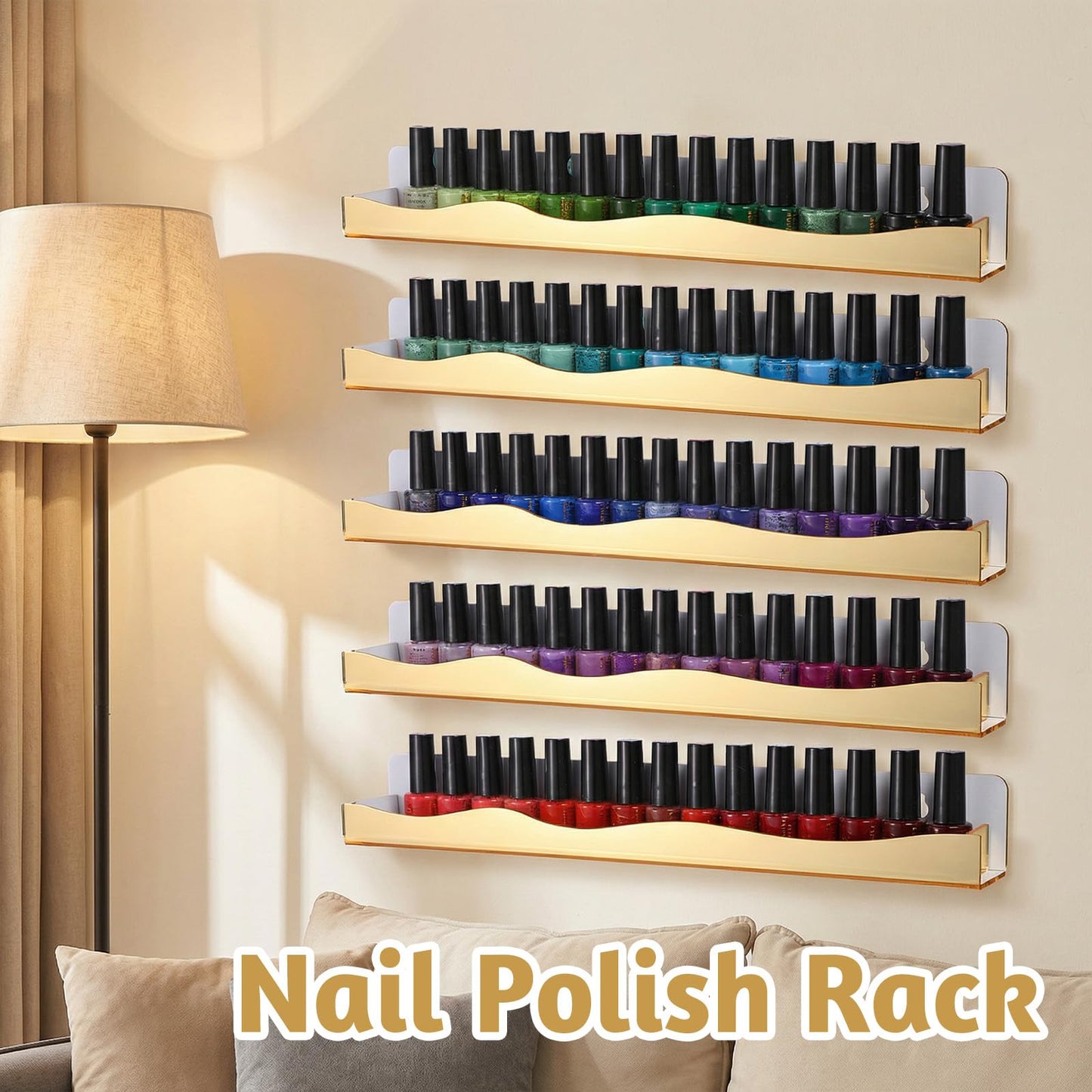 KongTiva 6 Pack Wall Mounted Nail Polish Organizer Rack, 15 Inch Gold Mirror Nail Polish Shelf with Stopper Multi-Purpose Shelf for Essential Oils Cosmetics Storage Display Rack for Salon Bathroom