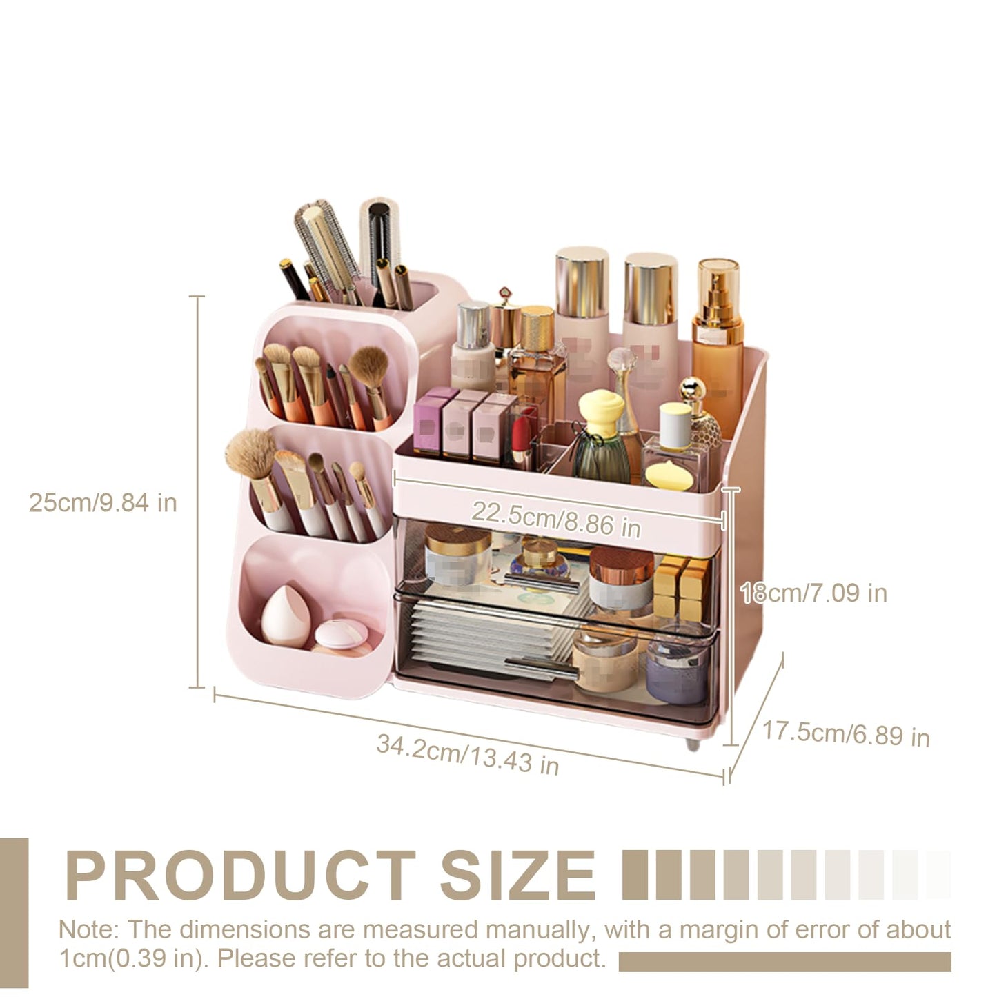 HEVOY Makeup Organizer with Drawer, Skincare Products Perfume Desk Storage Box, Beauty Holder Rack for Lipstick Brush Eyeliner, Cosmetic Display Case for Dresser Countertop & Bathroom Vanity (Pink)