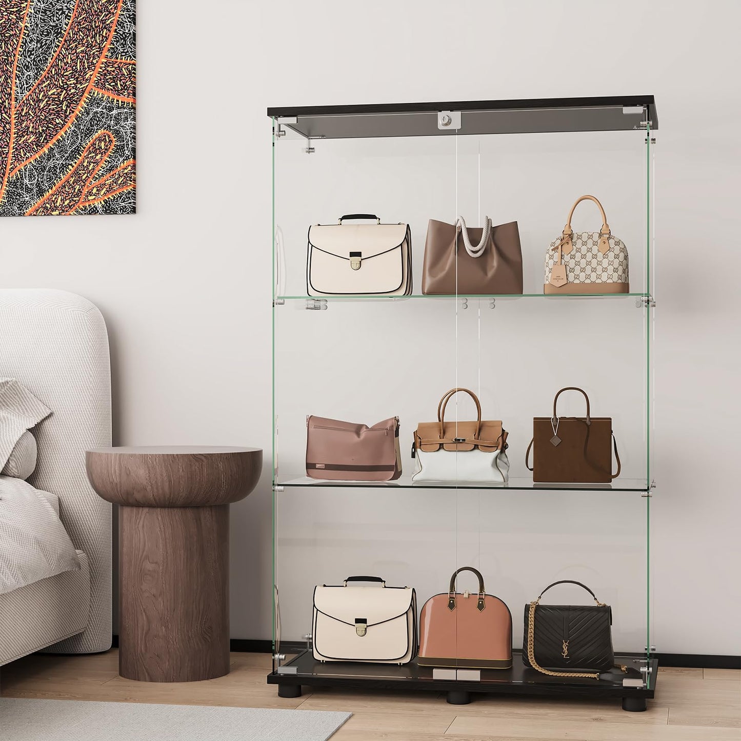 MODCART Glass Display Cabinet with 3-Shelf Double Doors and Lock, Curio Cabinet 5mm Tempered Glass Floor Standing Bookshelf for Living Room, Bedroom, Office, 49 x 31.77 x 14.37 in, Black
