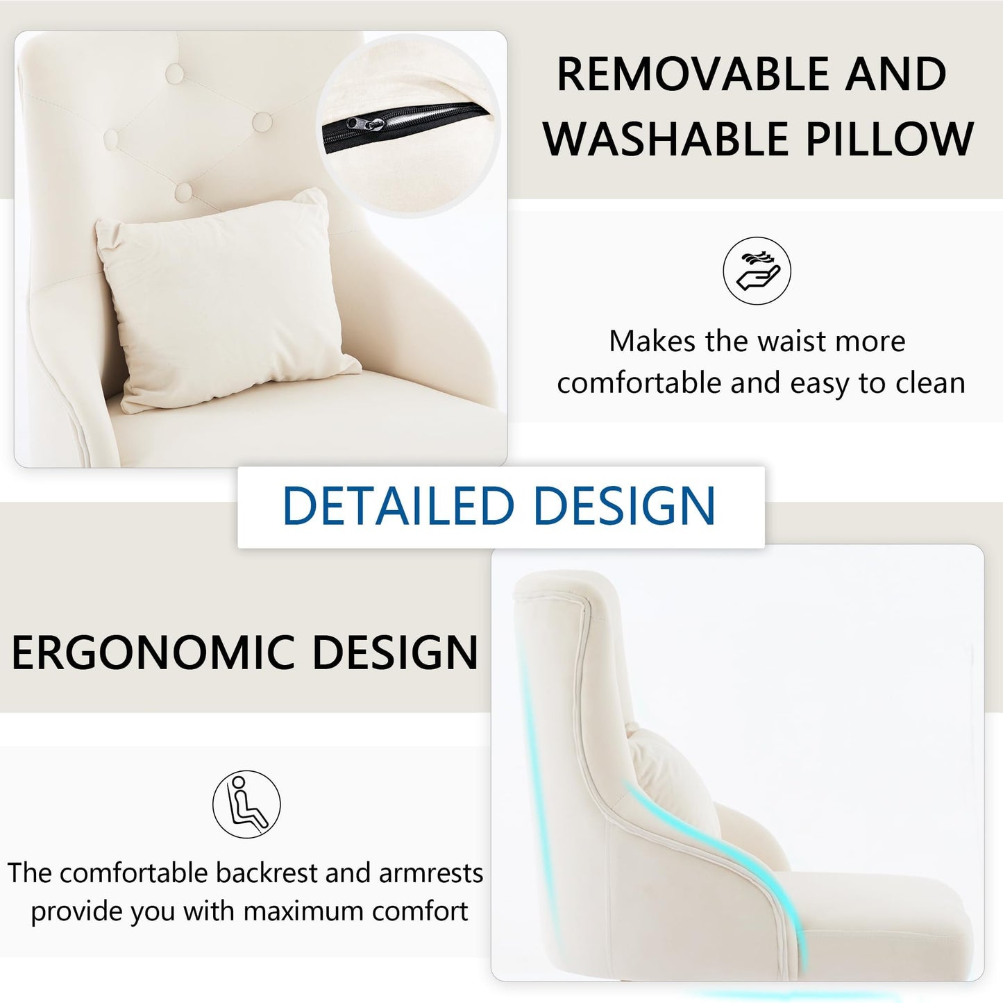 UDAX Velvet Vanity Chairs with Back, Upholstered Makeup Chair No Wheels with Metal Legs & Lumbar Pillow for Living Room/Makeup Room/Bedroom/Home Office/Kitchen