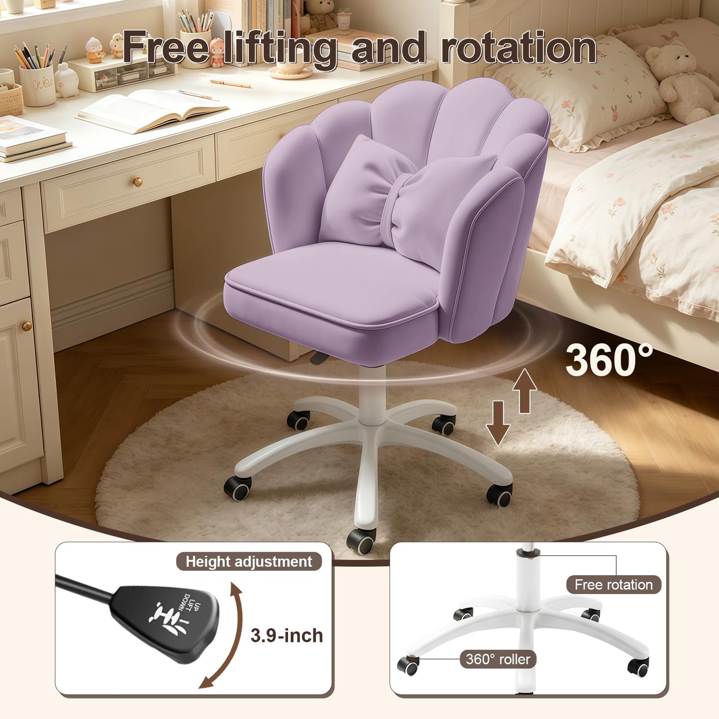 XUEGW Petal Desk Chair with Bow Cushion Velvet Vanity Chair with Wheels, Upholstered Home Office Chair for Girls Women, Mid-Back Swivel Computer Task Chairs for Living Room Bedroom