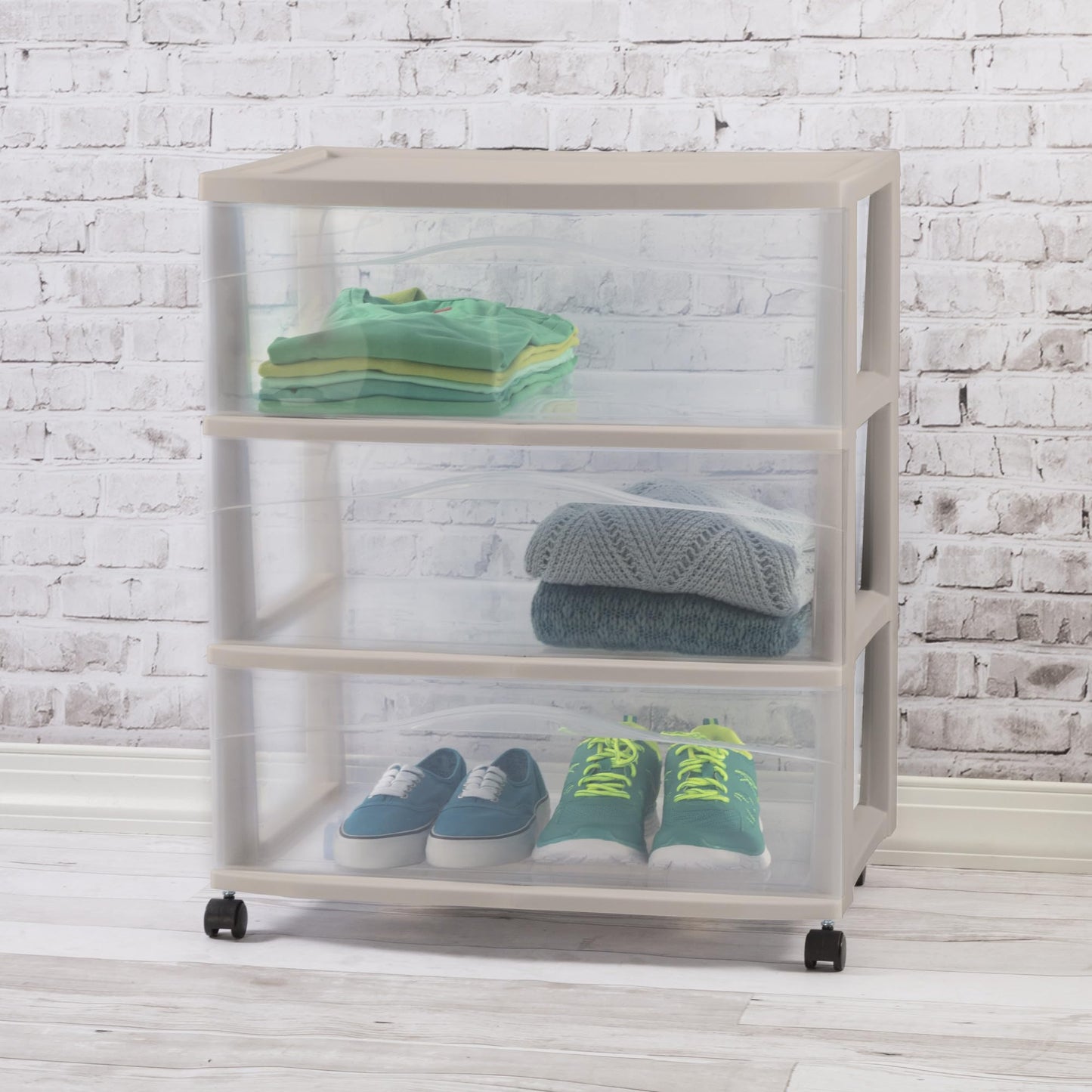 Sterilite 2 Pack Wide 3 Drawer Storage Cart, Rolling Organization, Grey